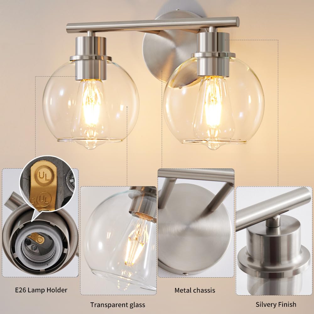 Lanmate Bathroom Light Fixtures Over Mirror 2-Lights Bathroom Vanity Light With Clear Glass Shade 13.8 Inch Modern Brushed Nicke