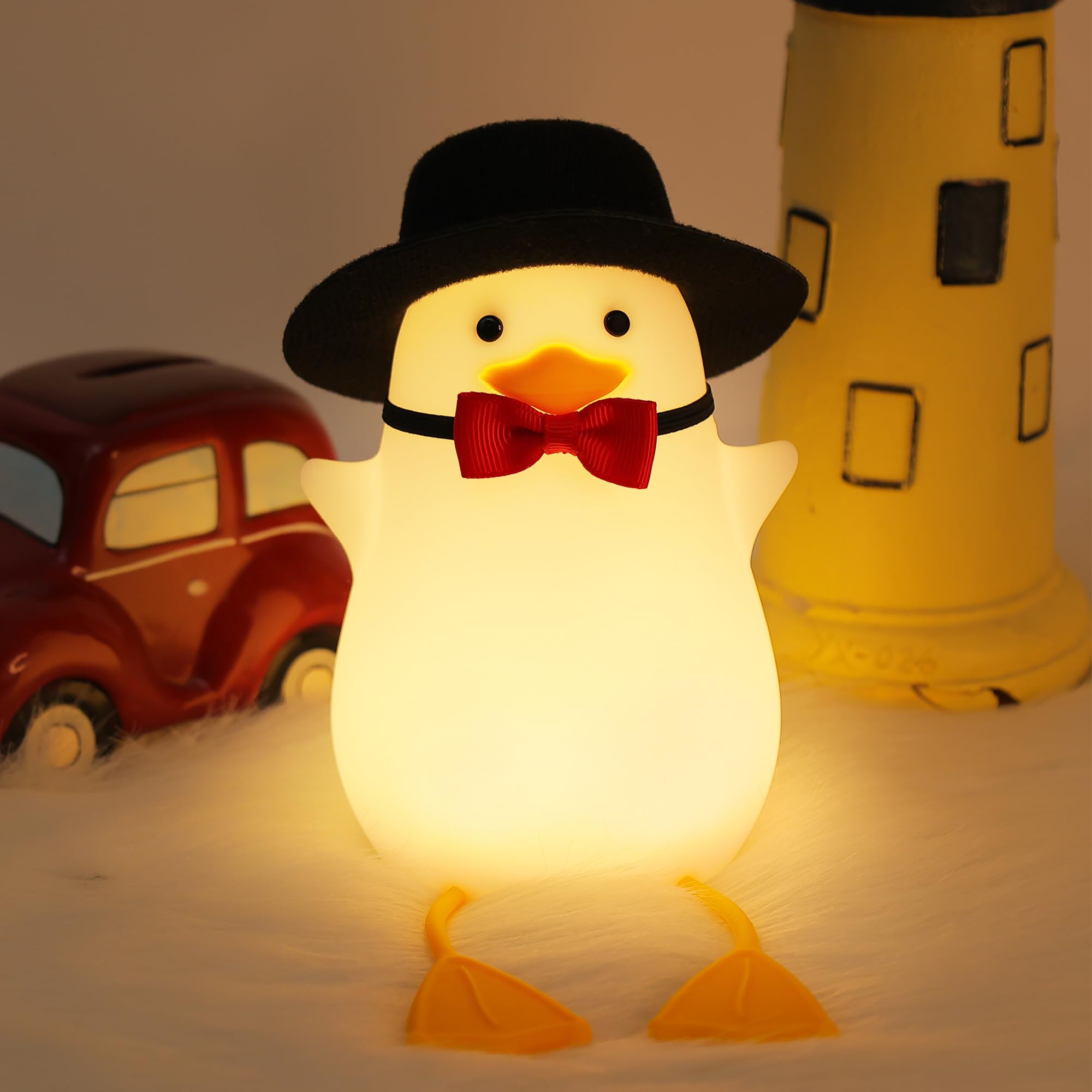 Hinittey Benson Gentleman Duck Night Light - Cute Duck Lamp with Black Hat& Bow Tie, Warm Dimming Light & Timer for Room, Birthd
