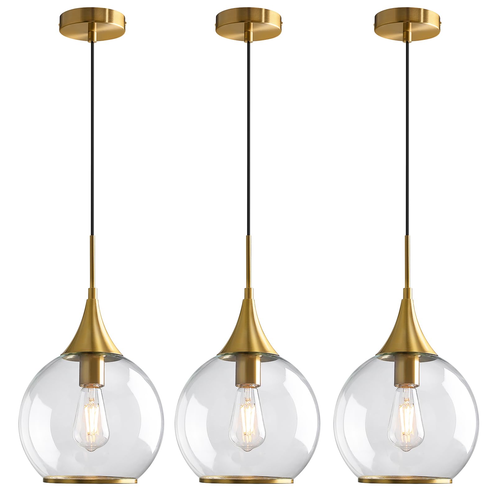 HAHZT Pendant Lights Kitchen Island: 3 Pack Gold Light Fixture Modern with Clear Glass - 10 Inch Mid Century Globe Kitchen Light
