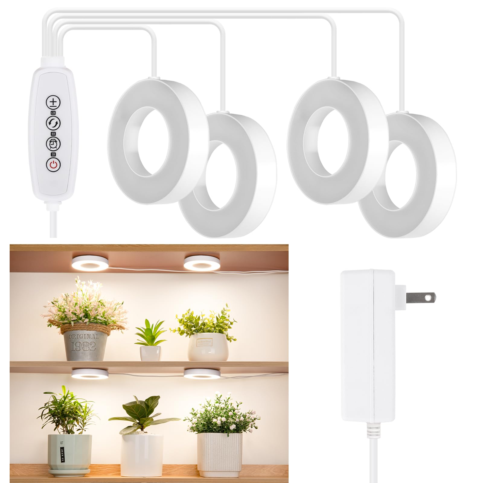 Lordem Ceiling Grow Light For Indoor Plants, 192 Leds Full Spectrum Led Plant Light, Plant Lamp With 3/6/12H Auto Switch, 4 Brightness Levels, Individual Bulb Control, Quad Head, Corded