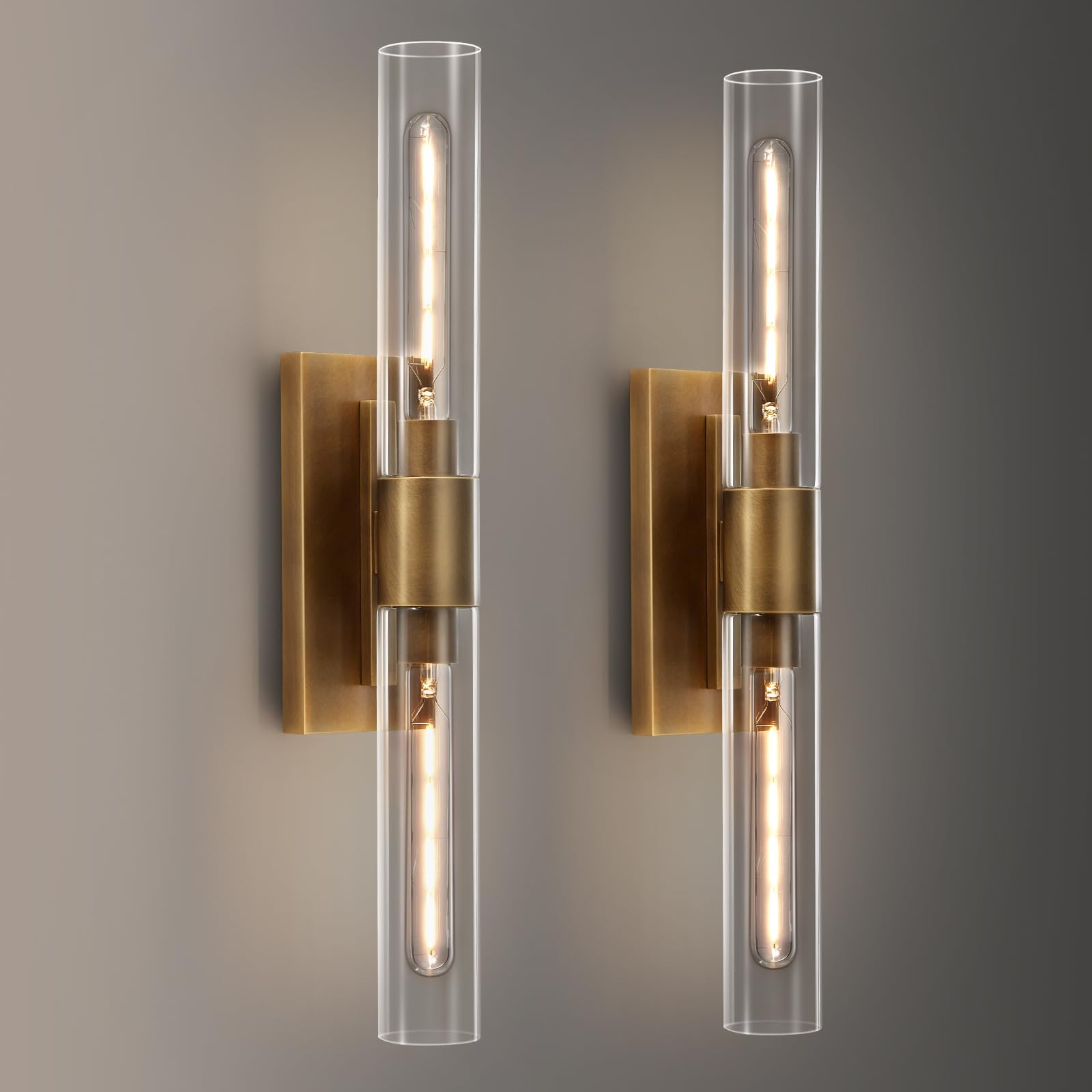 SHEKAITAO 24.8 L Minimalist Style Wall Sconces Set of 2, Brass Wall Lights Fixtures Morden Cylinder Wall Light for Bathroom Vani