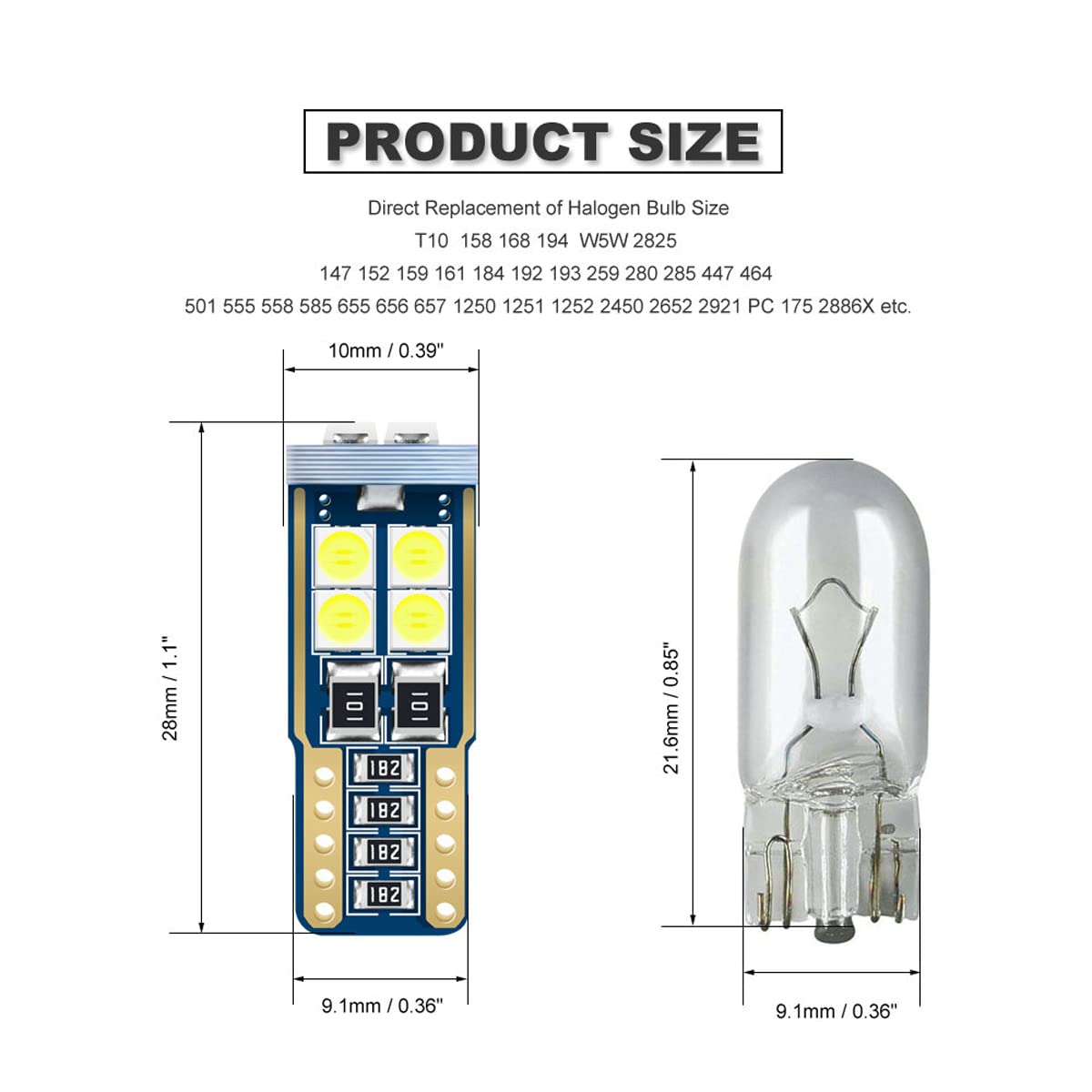 Dodofun T10 Xenon White Car Interior Exterior Replacement Bulb Map Dome Door Trunk Cargo Tag Number Plate Led Light 168 175 194 2825 W5W Size (Pack Of 10)