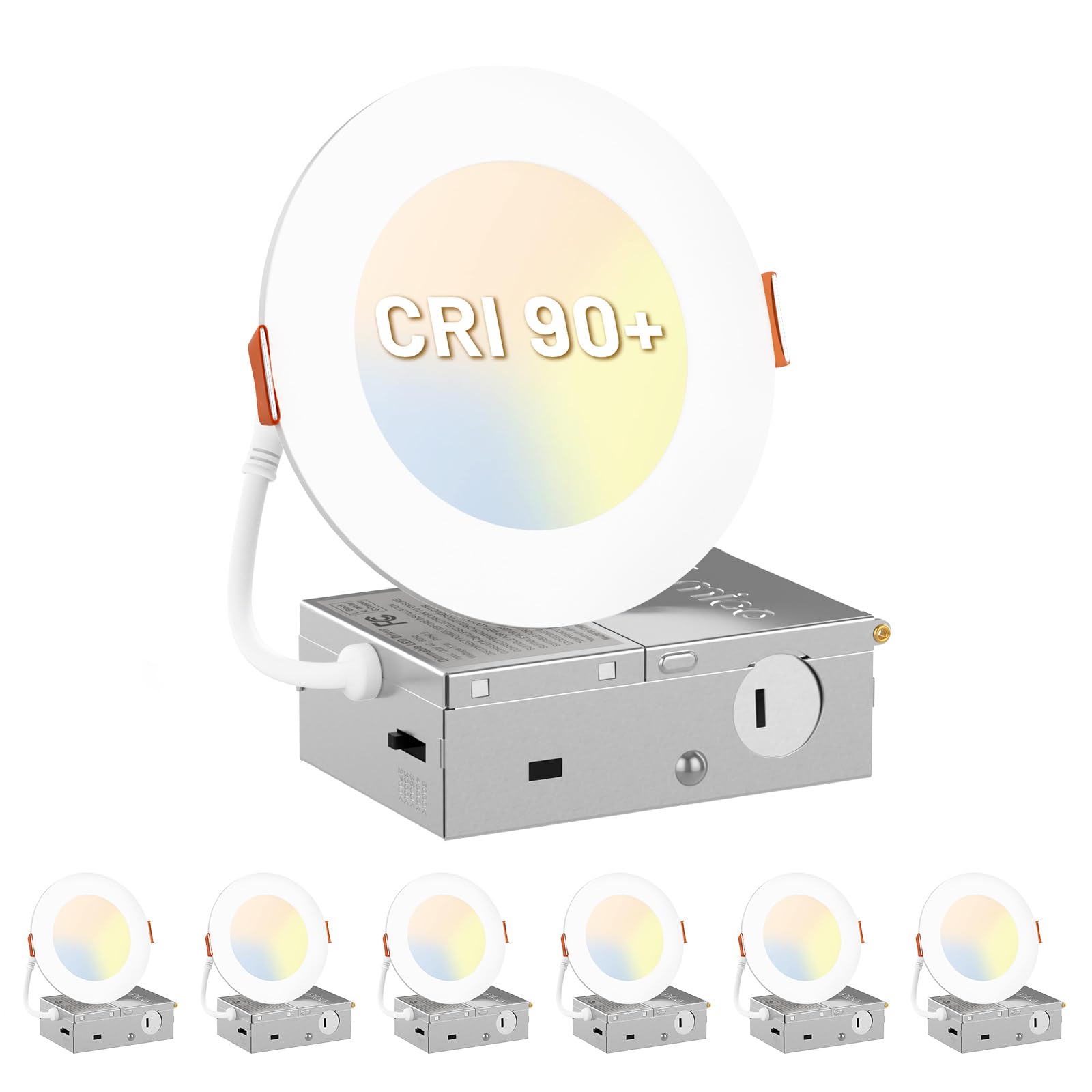Amico 6 Pack 4 Inch 5CCT Ultra-Thin LED Recessed Ceiling Light, CRI90+ 2700K-5000K Selectable, 700LM 10W, High Brightness Dimmab