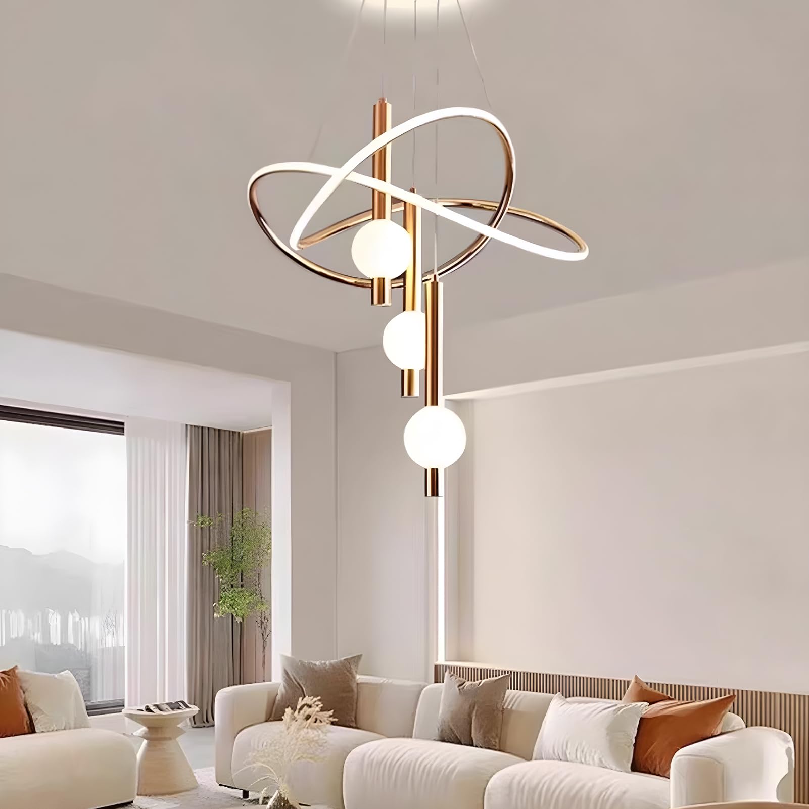 mfanchan Modern Gold LED Chandelier, Adjustable Pendant Light, 19.7in, Brass Gold, Metal, Glass Chandelier 16in