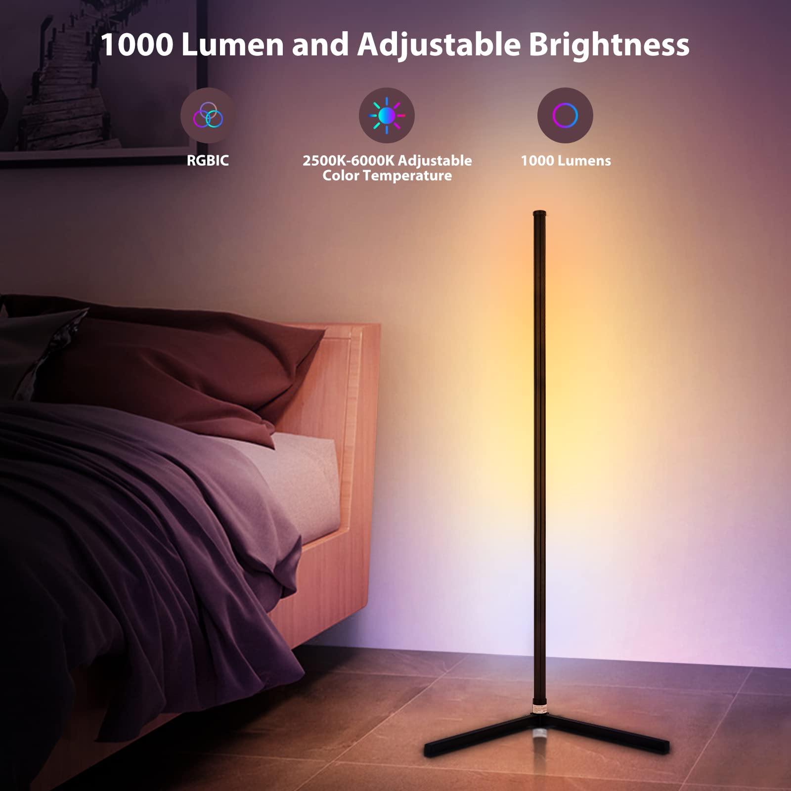 WISIMMALL RGB Corner Floor Lamp, Bluetooth Control, Music Sync, 64.5in Plastic, 398 Dimmable Modes, Color Changing