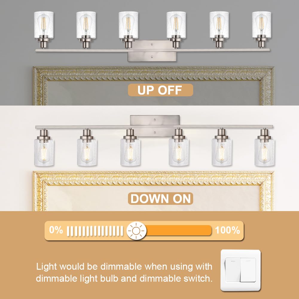 Winshen 6-Lights Bathroom Vanity Light Fixtures With Seeded Glass Lampshades, 45.3-Inches Length Modern Brushed Nickel Wall Ligh
