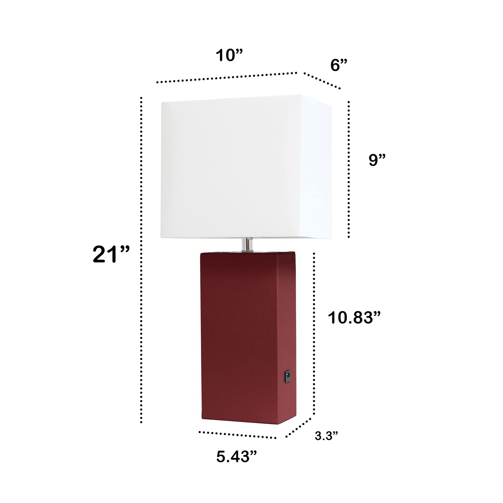 Lalia Home Red Leather Base Bedside Table Lamp With Usb Port & White Fabric Shade, 21&quot;