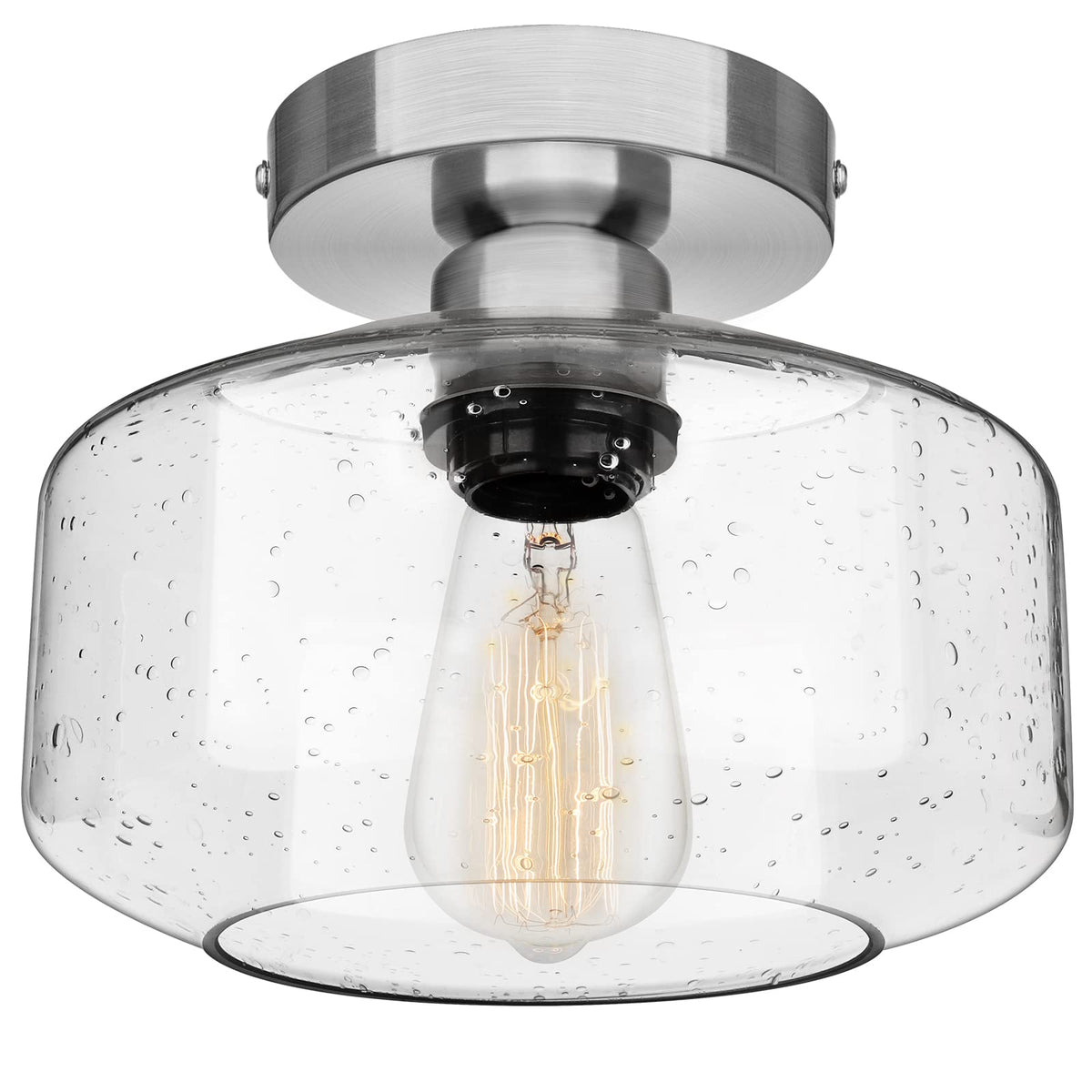 SunRider Semi Flush Mount Ceiling Light Fixtures, Brushed Nickel Industrial Seeded Glass Lamp, Silver Ceiling Light for Kitchen 