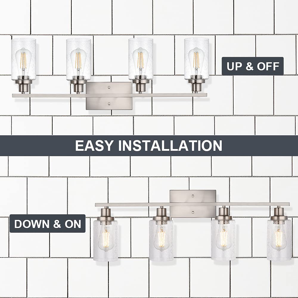 WINSHEN 4-Lights Vanity Light Fixture, Brushed Nickel, 31-Inches, Metal, Bathroom Wall Sconce with Seeded Glass