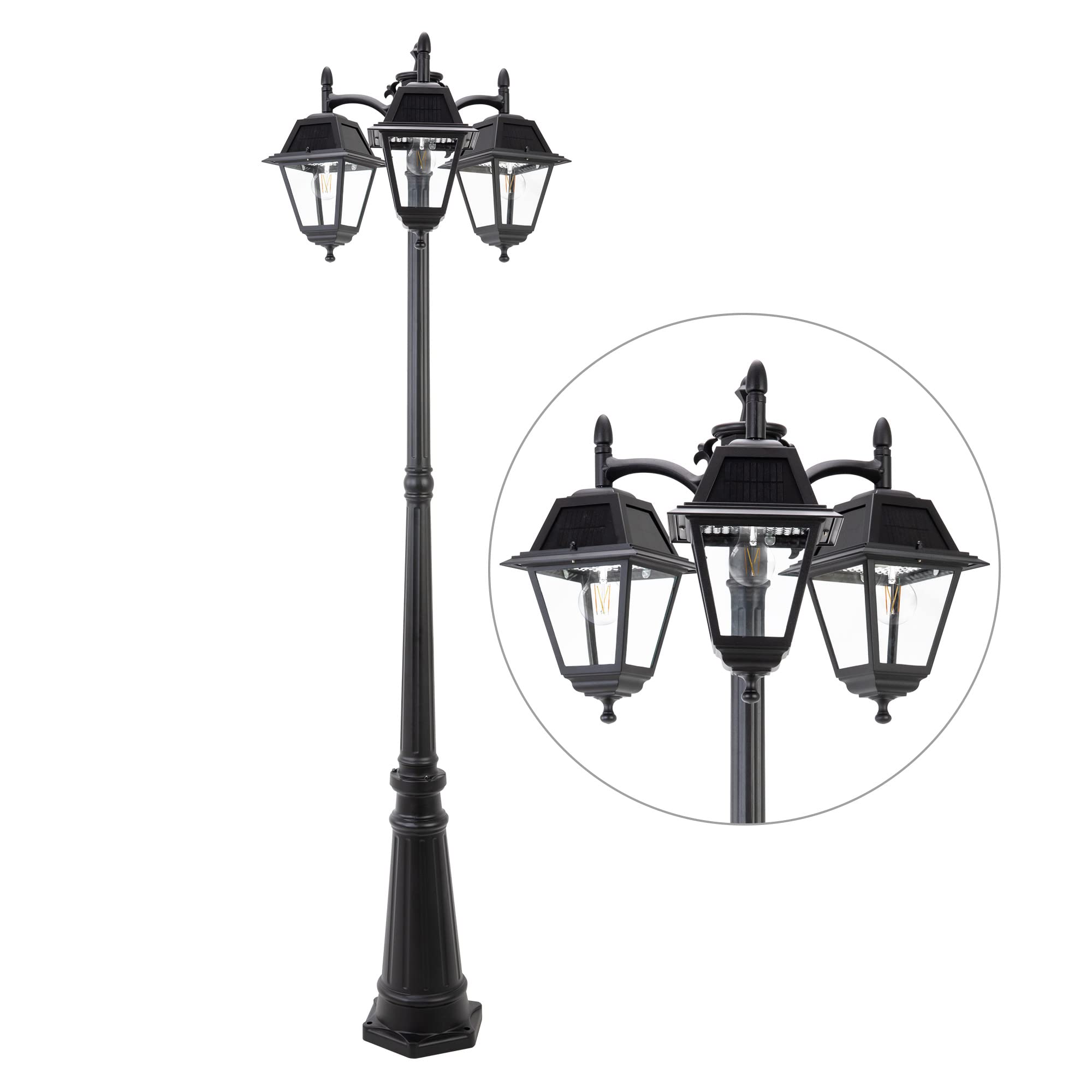 LUTEC Outdoor Solar Post Light, 600 Lumen, Dusk to Dawn, Waterproof, Black, Aluminum, Model 6940401012, 3 Trapezoid Head+Post
