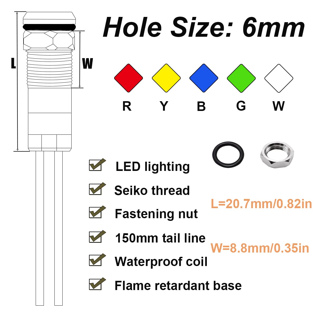 Smseace 5Pcs Red/Yellow/Blue/Green/White Ac/Dc12-24V Led Indicator Lights 1/4‘’(6Mm) Waterproof Flat Head Indicator Signal Lamp With 150Mm Cable Length Metal Led Indicator Light