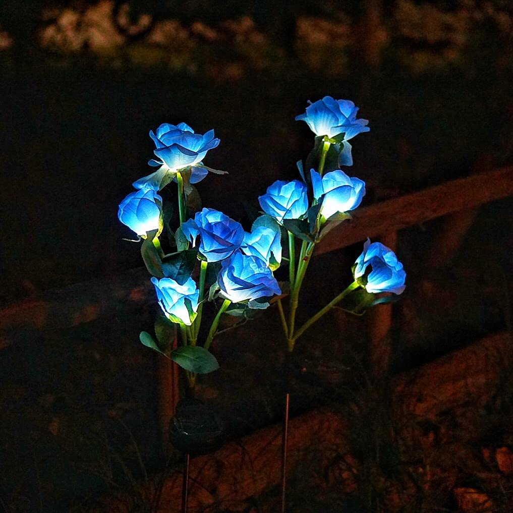 Decorman Solar Garden Rose Lights - 2 Pack, Waterproof LED, Stainless Steel, Blue, Model SRL-001