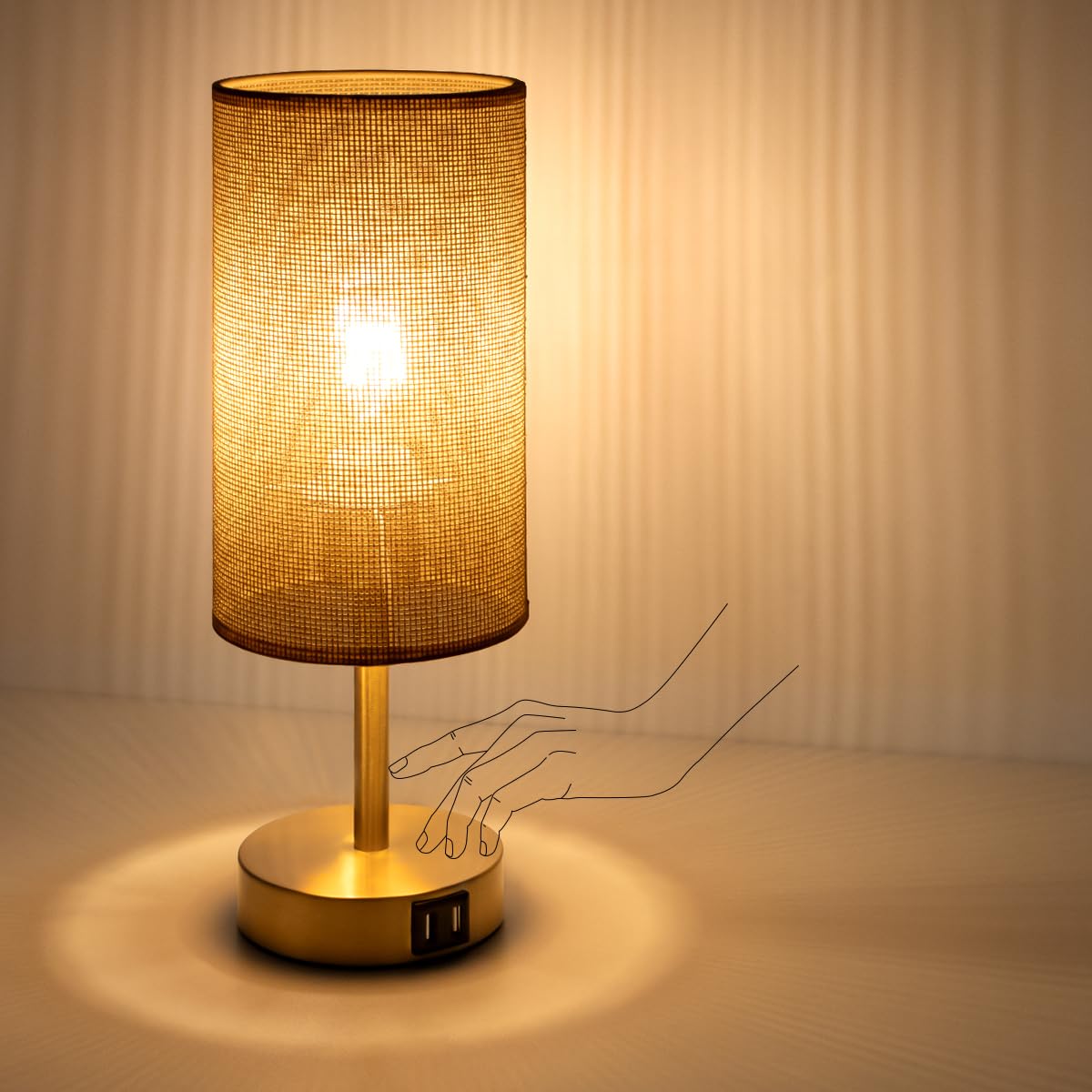 Yarra-Decor Touch Control Bedside Lamp With Usb Port, 3-Way Dimmable, Round Flaxen Shade, Model Y-Net, Color Net