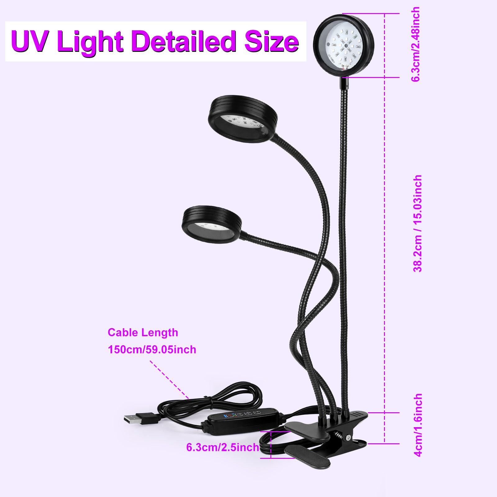 Ygs-Tech Led Black Light, 15W Uv Lamp With Usb, Three Head Dimmable Gooseneck Uv Light, Wavelength 389-405Nm Black Lights For Re