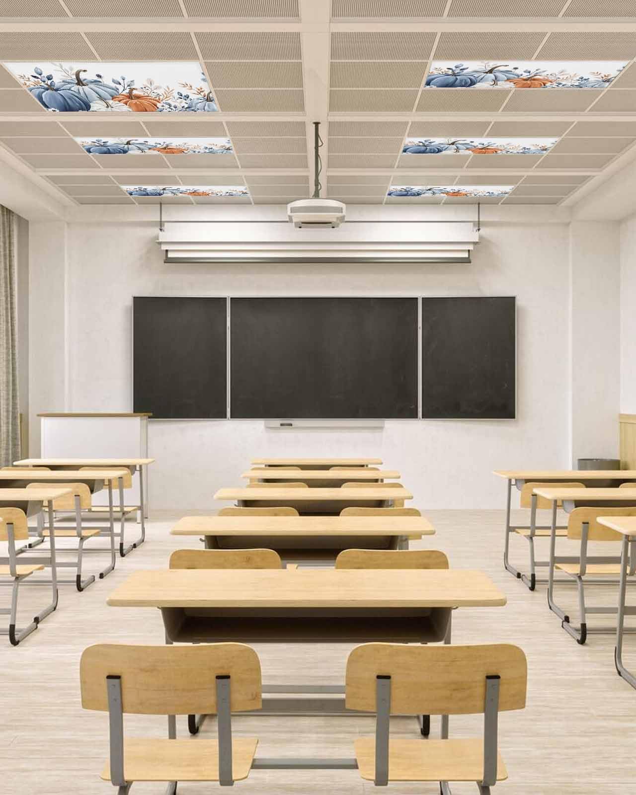 Fall Fluorescent Light Covers For Ceiling Lights Blue White Pumpkin Magnetic Light Filters 2 Pack 4X2 Ft Autumn Eucalyptus Leaves Thanksgiving Ceiling Lights Cover For Classroom Office Drop Lamp