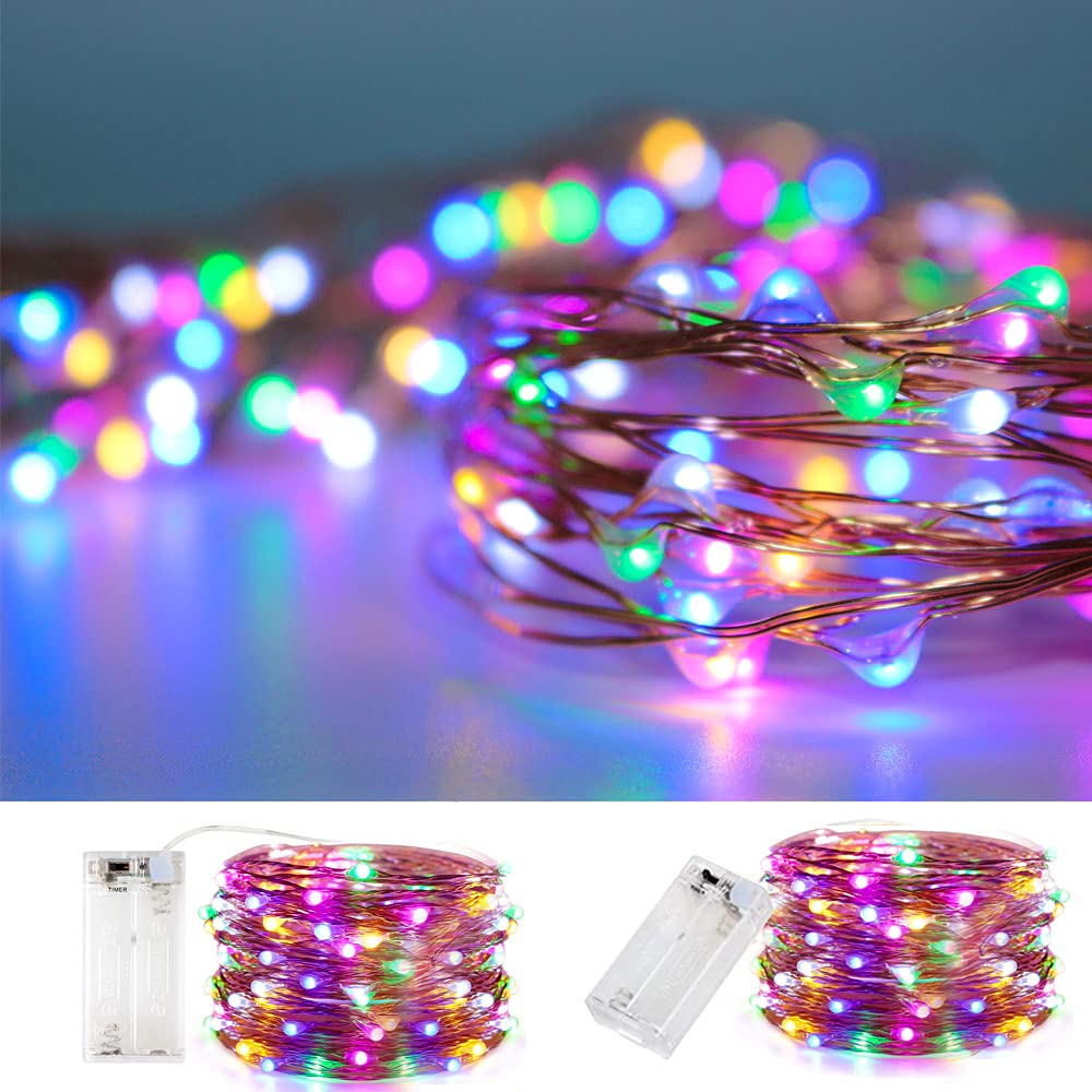 Baisico Waterproof LED String Lights, 2 Pack 20ft, 60 LEDs, Copper Wire, Multicolor Fairy Lights
