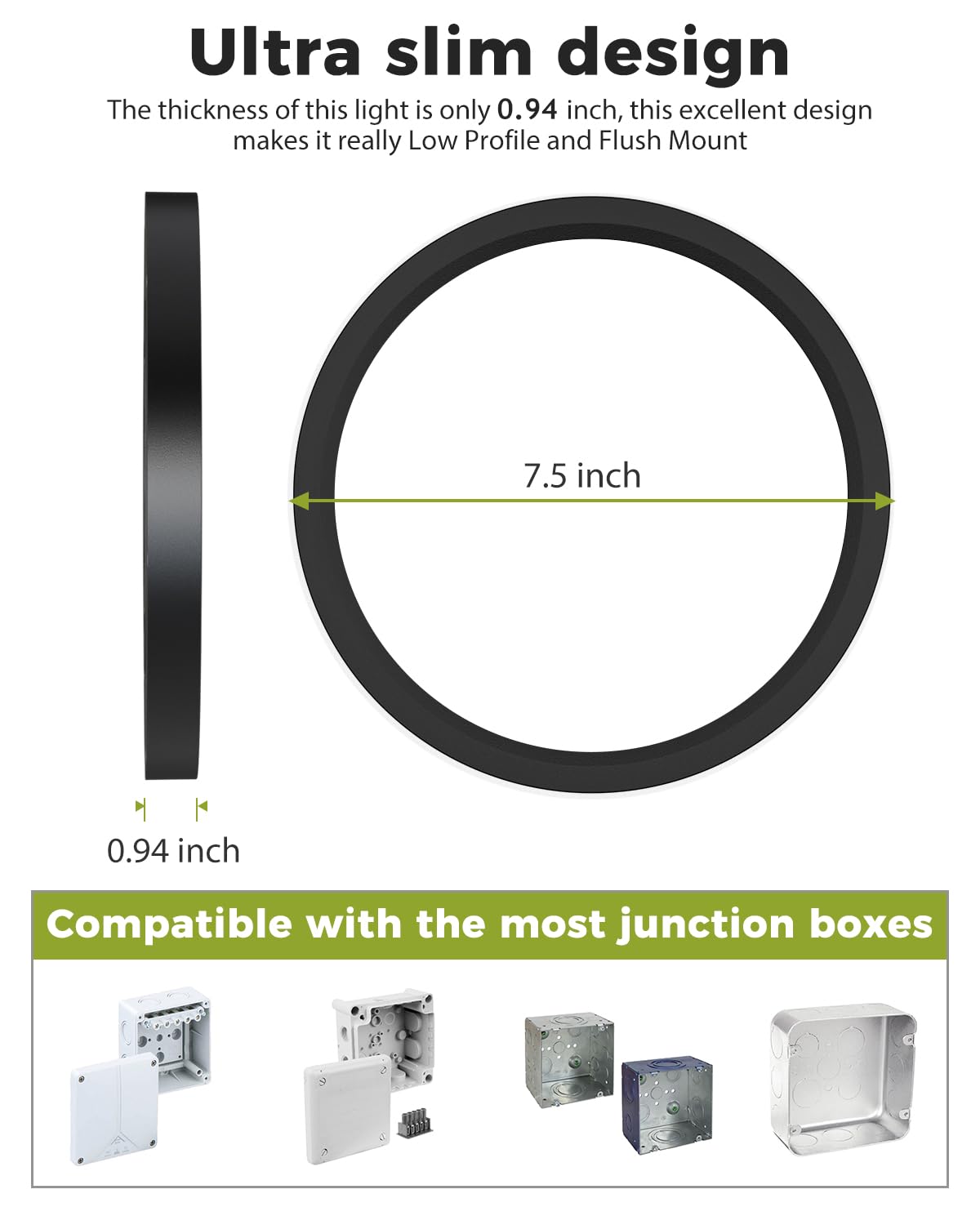 Hepside 2Pack Dimmable Flush Mount Ceiling Light Fixture Black, 3Cct Selectable 3000/4000/6500K Ceiling Lamp, 7.5Inch 15W 1500Lm