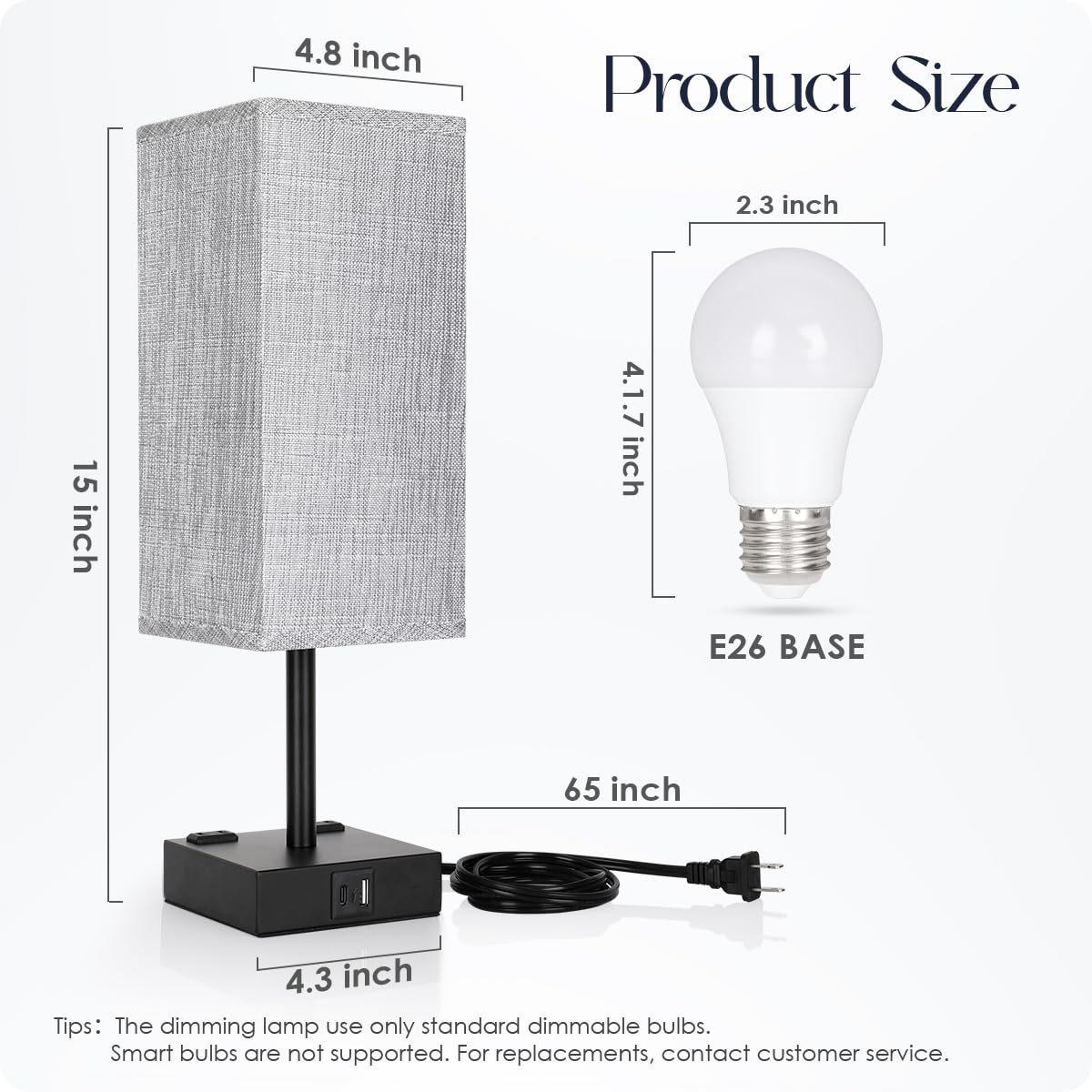 Soilsiu Touch Control Table Lamps Set of 2, Grey Fabric Shade, 3-Way Dimmable, USB C+A Charging Ports, Model TD-016S
