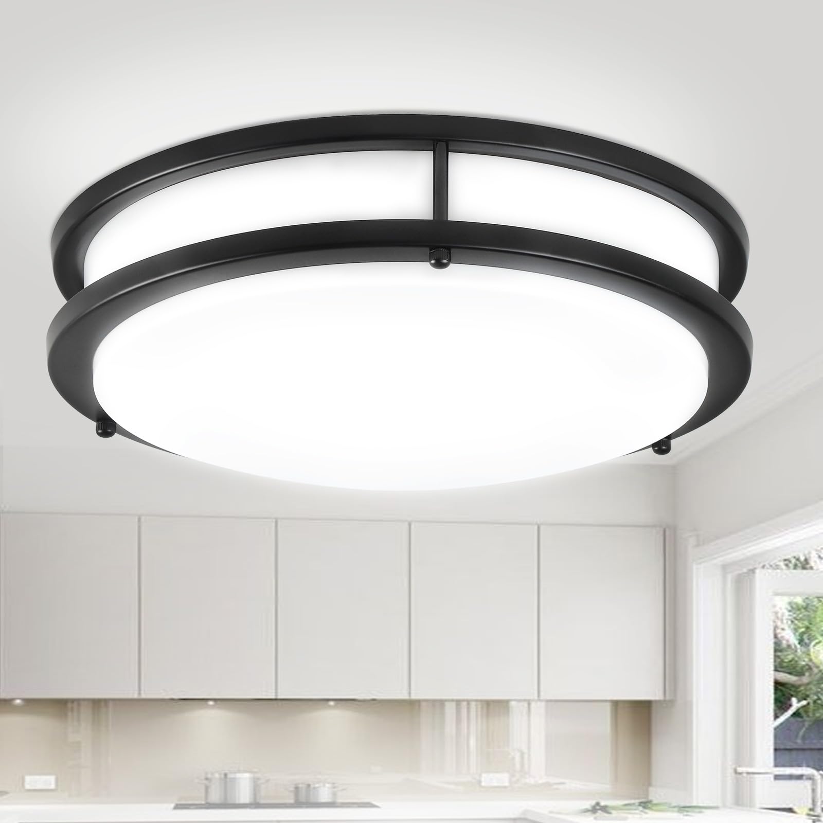 DLLT 32W LED Ceiling Light Fixture, 13in Flush Mount Ceiling Light, Black Lamp for Bedroom, Kitchen, Hallway, Closet, 3000-6000K