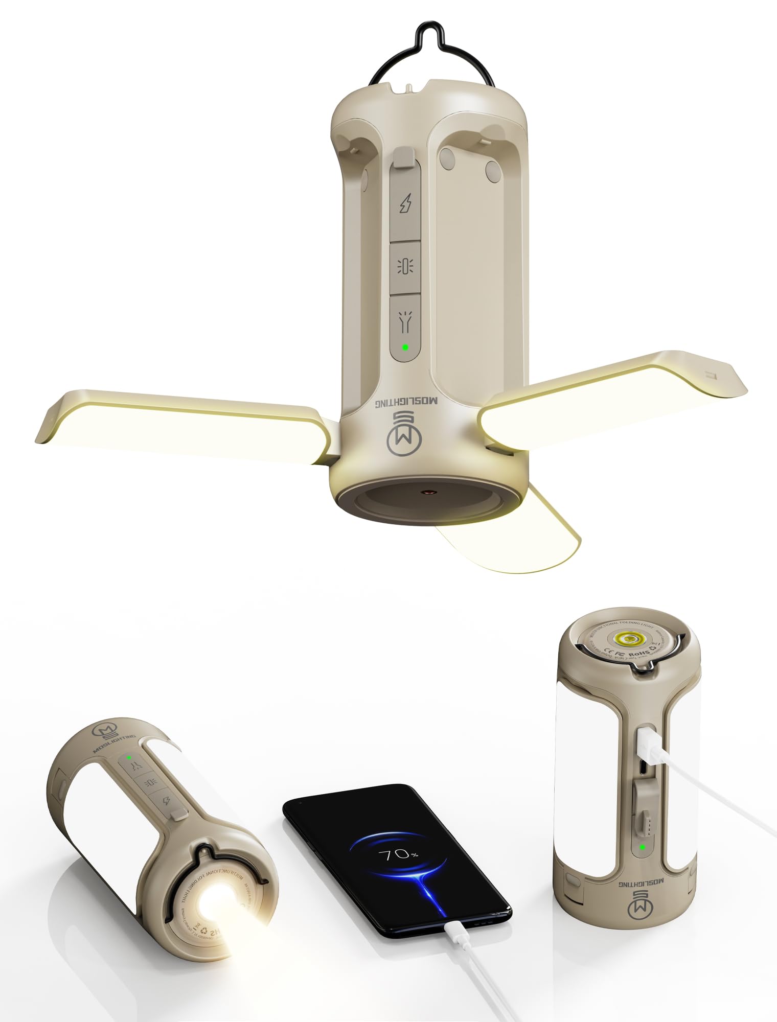 MOSLIGHTING Folding Camping Lantern, 10000mAh Rechargeable LED Light, IP54 Waterproof, 1500LM, Light Brown & Dark Green