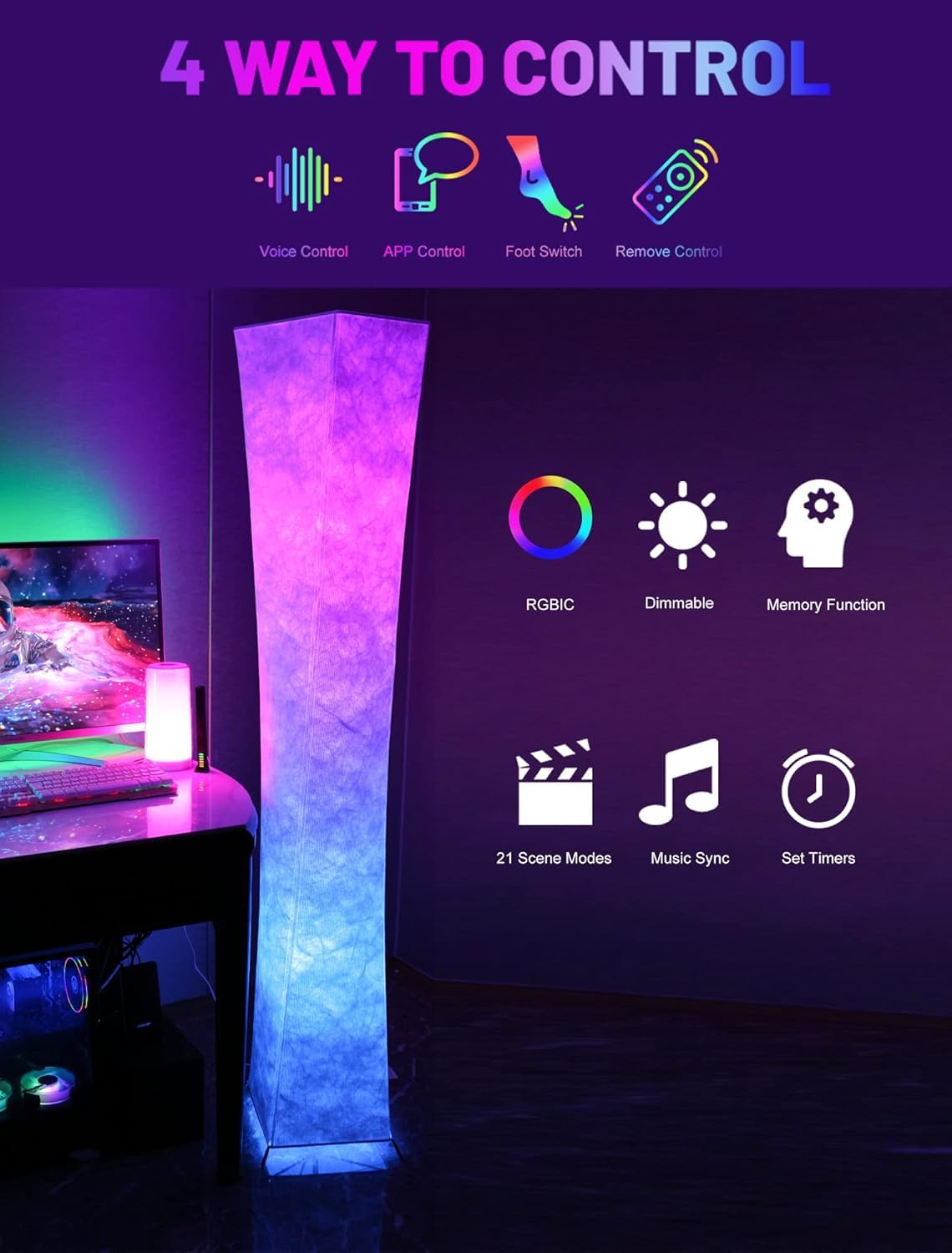 LEONC RGB+CCT Smart Floor Lamp, 65" Modern LED with Remote, 1800lm, Music Sync, 16 Million Colors, Dupont Tyvek, Model LE-SF150