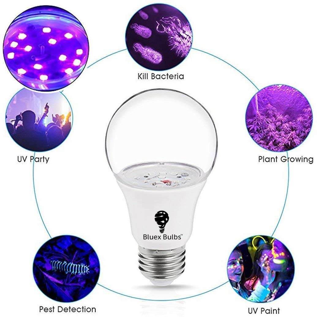 Bluex Bulbs LED Black Light Bulb 9W A19 E26, 385-400nm, 2 Pack, Purple, Model 1487