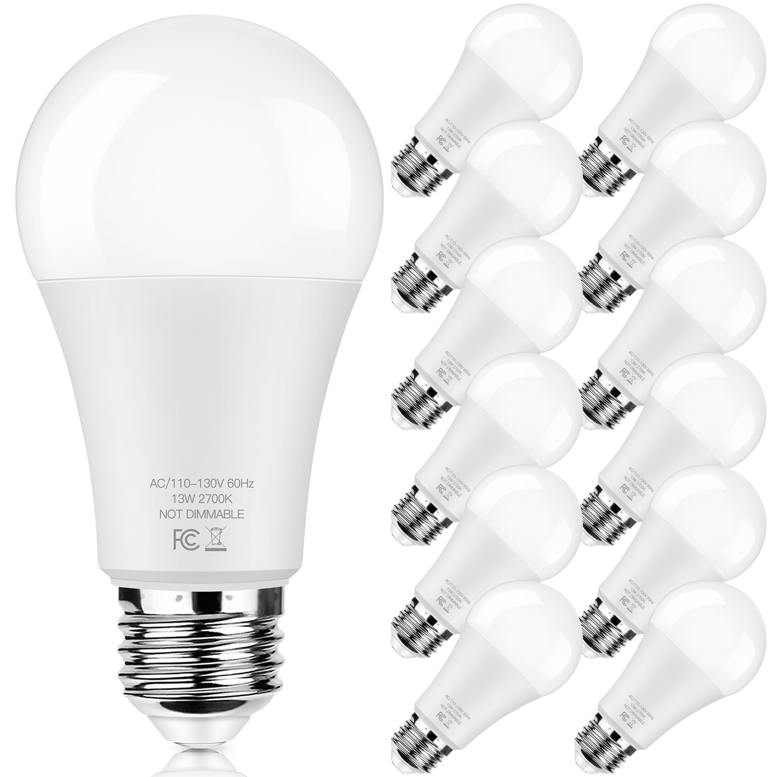 LED Light Bulbs 100W Equivalent 1500 Lumens, A19 13W 2700K Warm White Non-Dimmable, Super Bright No Flicker Standard E26 Edison Screw Bulbs for Home, Bedroom, Office Lamp, 12-Pack