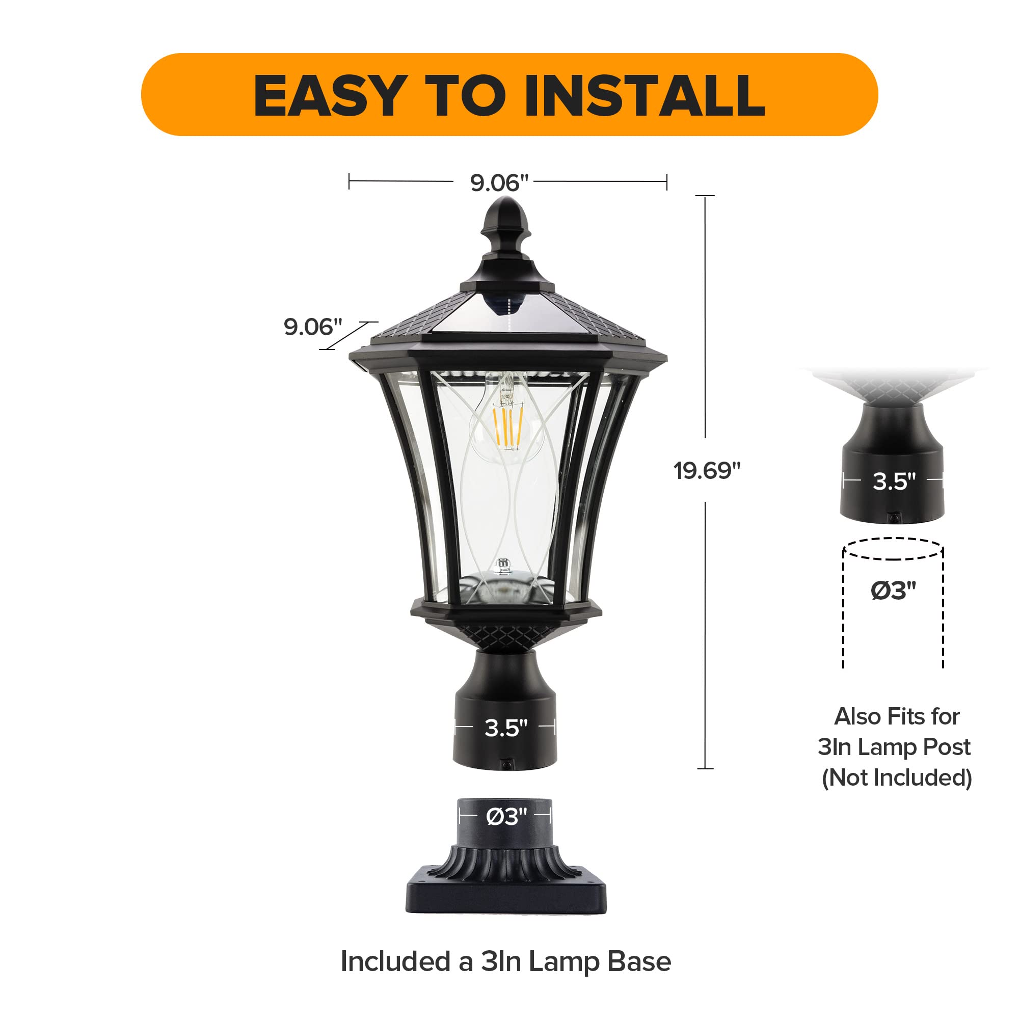LUTEC Outdoor Solar Lamp Post Light, Waterproof with Patterned Glass, Black, Model 6906102012, Head+Base