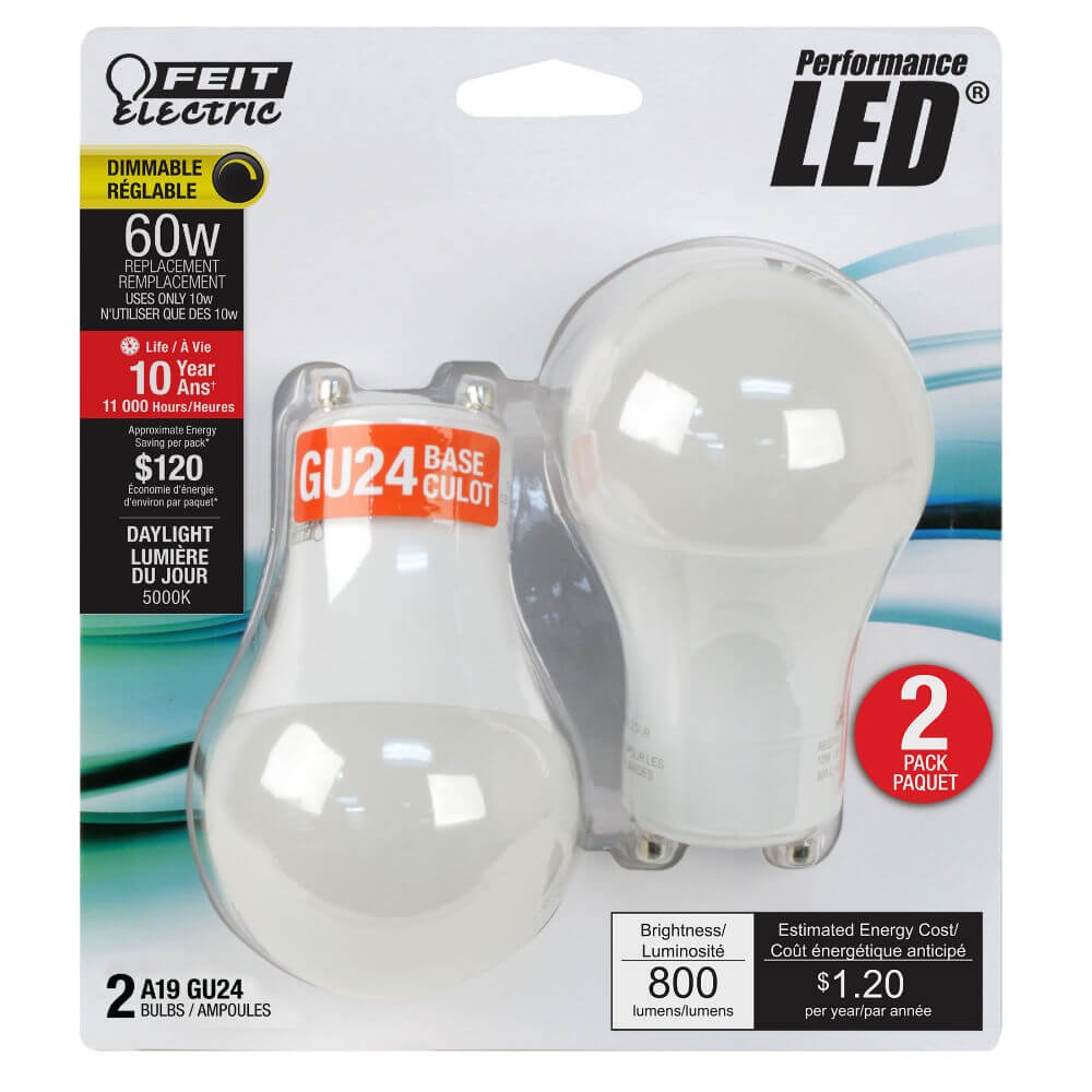 Feit Electric A60 Dimmable LED Bulbs 800 Lumen 5000K - 2 Pack, Model A60DM850GU2410KLED/2