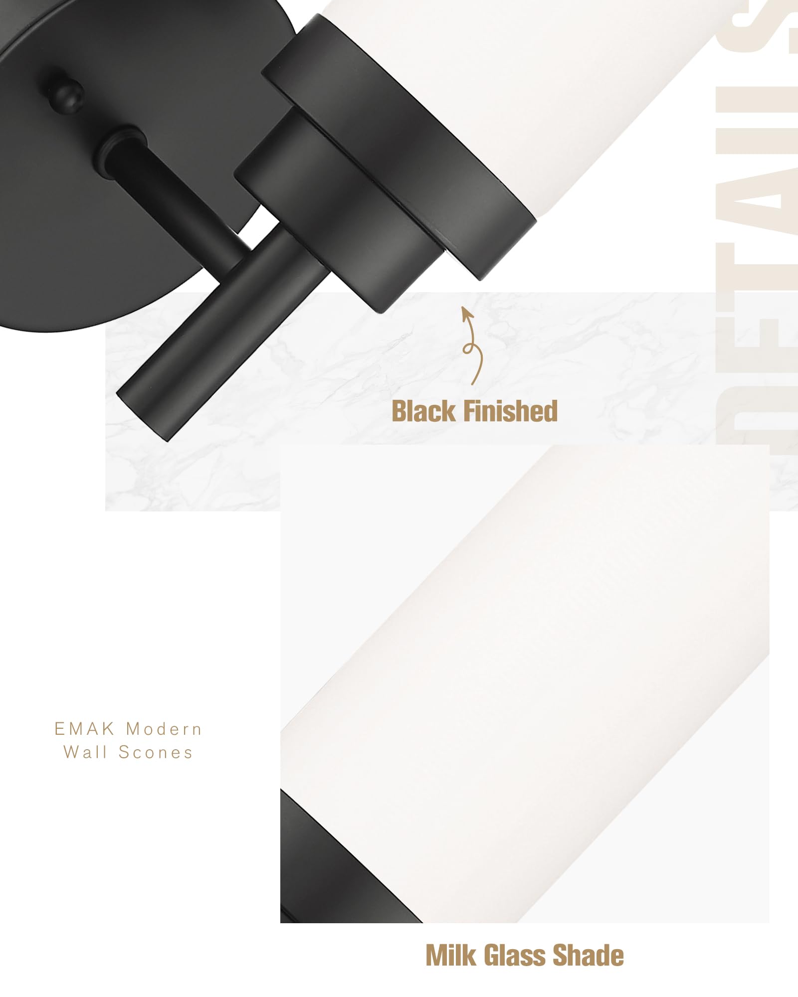Emak Modern Wall Sconce Set Of 2, Black Bathroom Light Fixtures With Milk Glass Shade, Farmhouse Wall Lamp For Bathroom, Bedroom