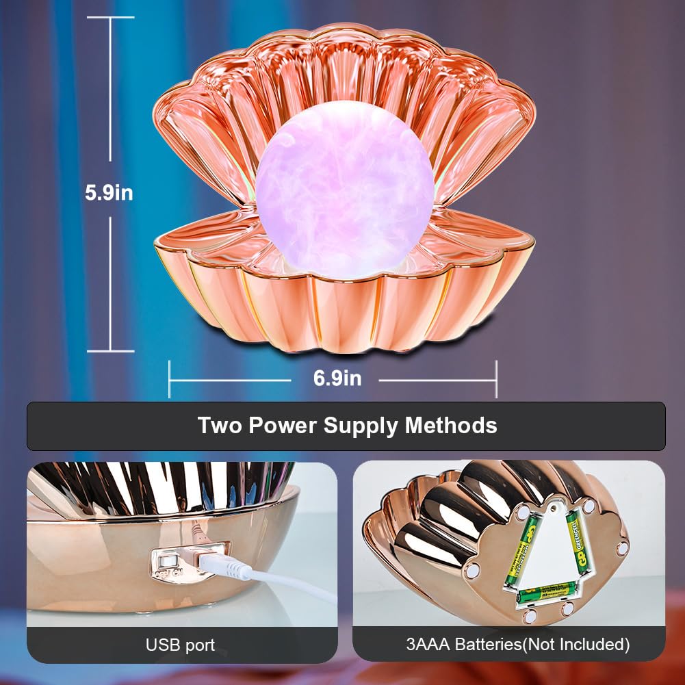 LKUA Shell Pearl Night Light - RGB Color Changing LED Lamp, Electroplated Rose Gold, Portable Clamshell Design, Model LK-P