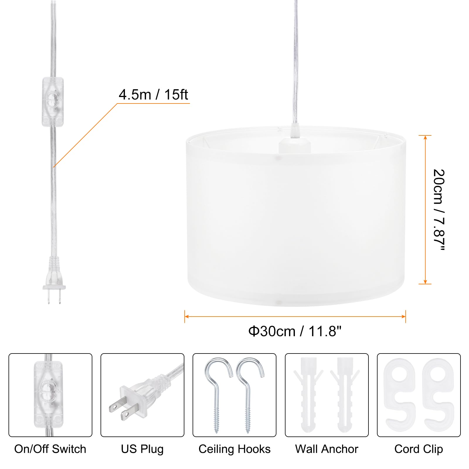 PATIKIL Plug in Pendant Light, Fabric Shade, E26/E27 Socket, 15Ft Rope Cord, White
