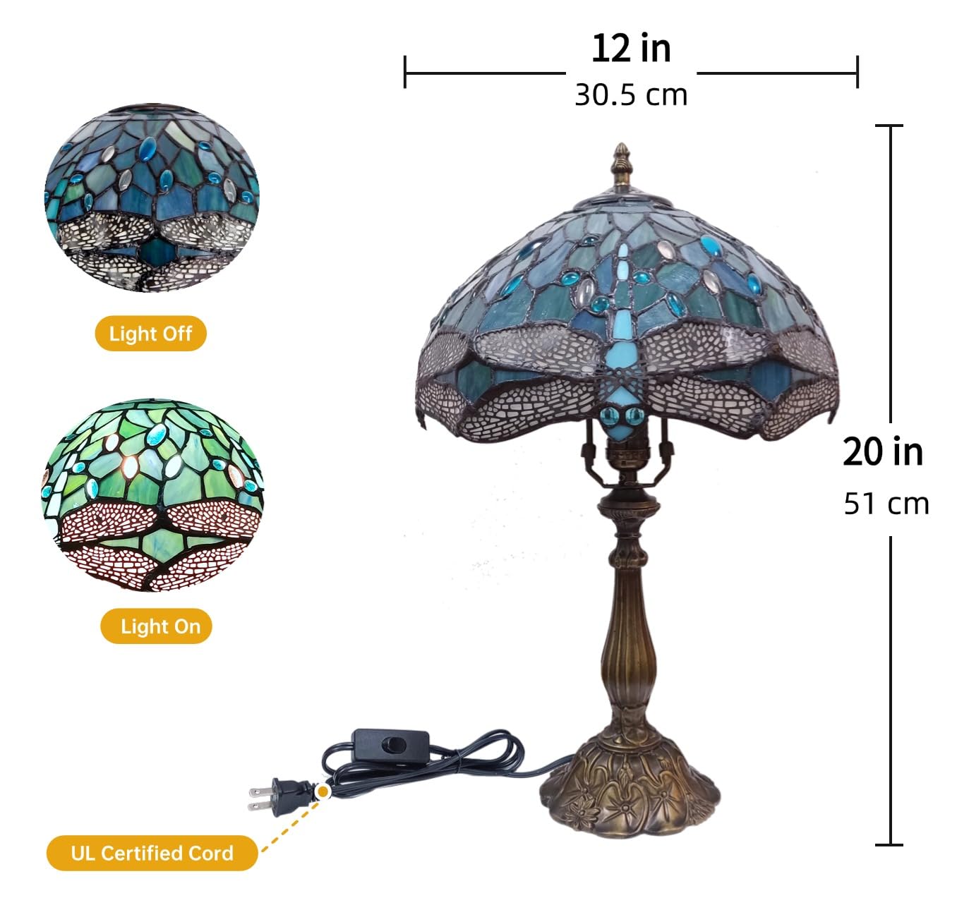 Tiffany Table Lamp,Sea Blue Dragonfly Style Stained Glass Lamp,12X12X20 Inch Decor Bedroom,Living Room Reading Tiffany Lamp,Incl