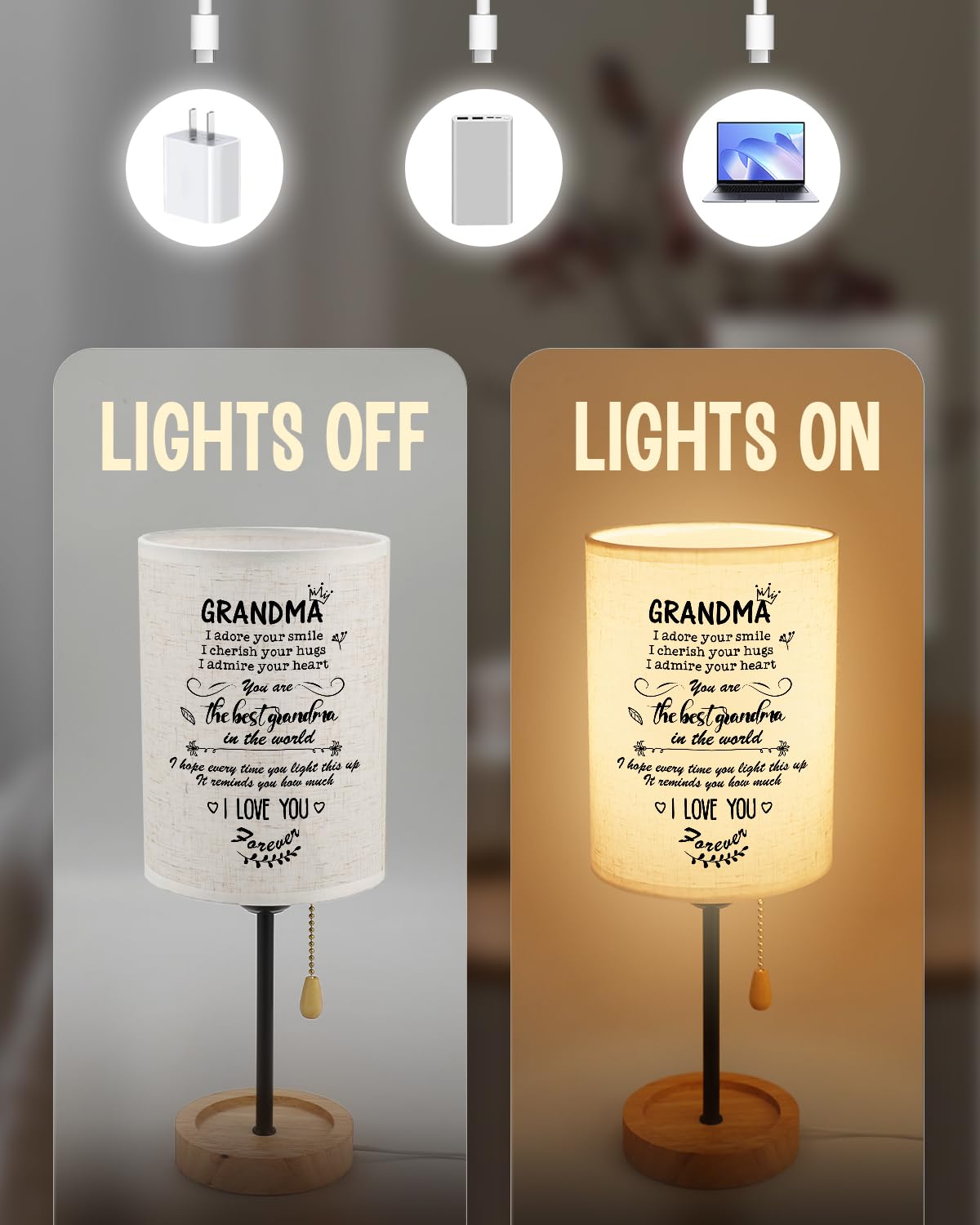 Calibron Grandma Gifts From Grandkids Linen Fabric Wooden Table Lamp,Grandma Birthday Gifts Bedroom Night,Birthday Gifts For Gra
