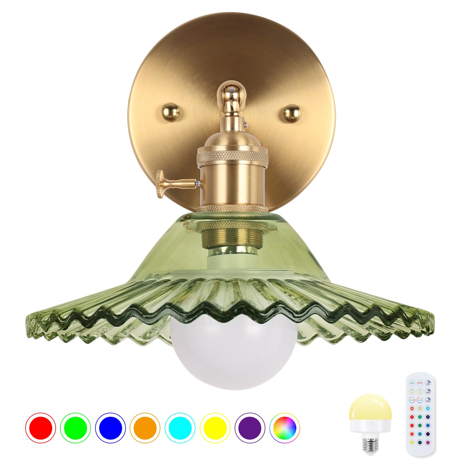 EIDEARAY Battery Operated Wall Sconce - Vintage Green Flower Glass - Remote Control - Ideal for Bedroom, Living Room, Hallway
