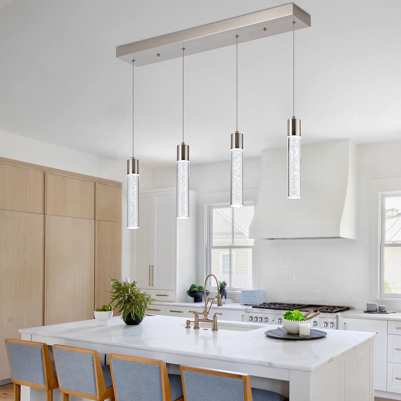 votag 4-Light Pendant Light Fixture, Nickel Aluminum, 32W Modern LED Lighting for Kitchen Island, Model A174, Crystal Bubble Design