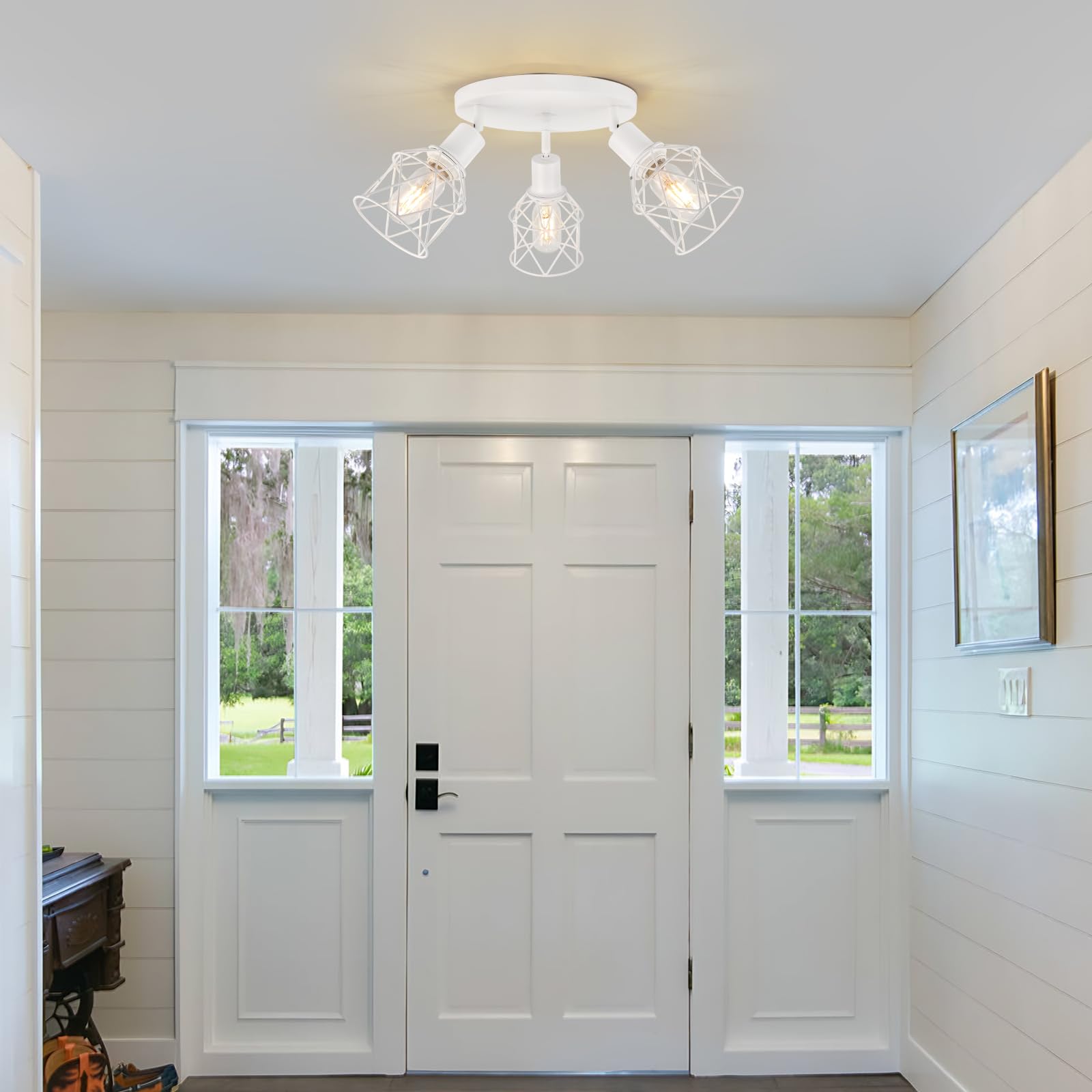 WILON 3-Light Flush Mount Ceiling Light, Metal Kitchen Fixture, White, Model QLUSX0043W, Multi-Directional Track Lighting for Hallway & Dining Room