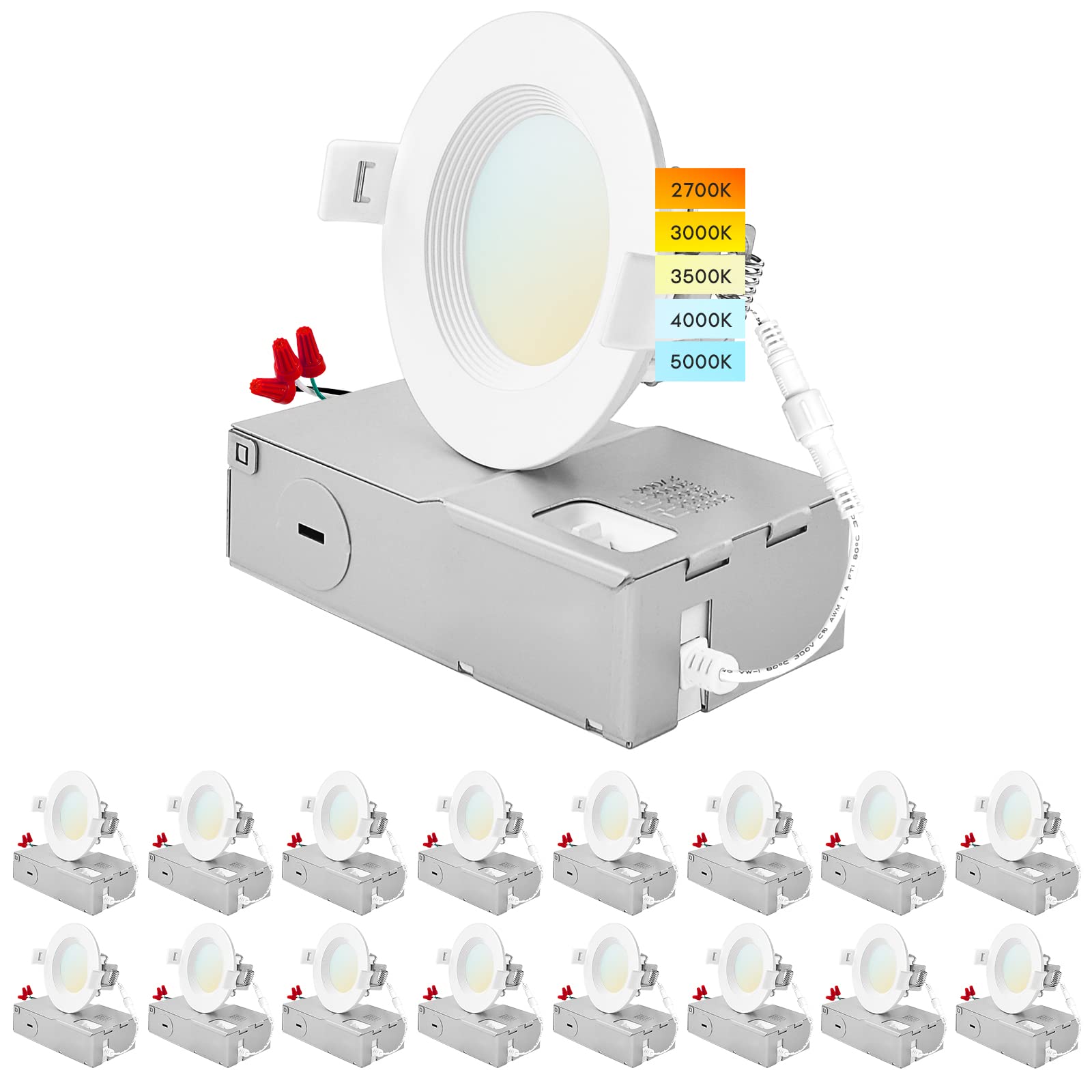 LUXRITE 16-Pack 3 Inch Ultra Thin LED Recessed Lighting, 6W, 5 Color Selectable 2700K | 3000K | 3500K | 4000K | 5000K, CRI 90, 4