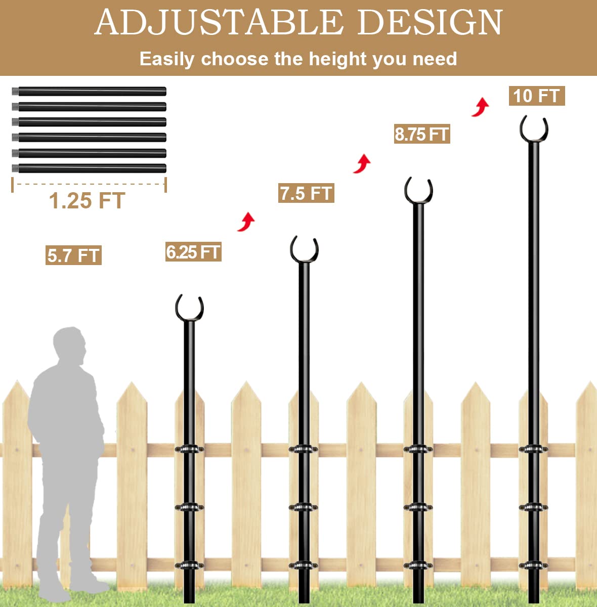 Sprimden 10Ft String Light Poles For Outdoors, Outside Light Poles For Deck, Fence, Backyard, Patio, Outdoor Lighting, Matte Black, 2 Packs