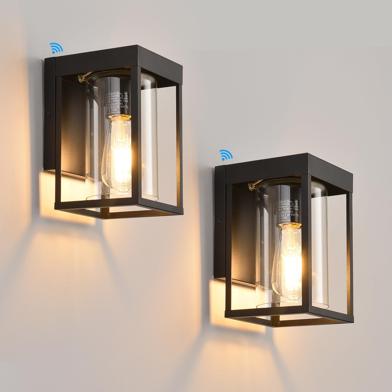 Outdoor Wall Lantern, Dusk to Dawn Outdoor Wall Sconce, 2-Pack Exterior Wall Light, Black Front Porch Light with Clear Glass, Sm