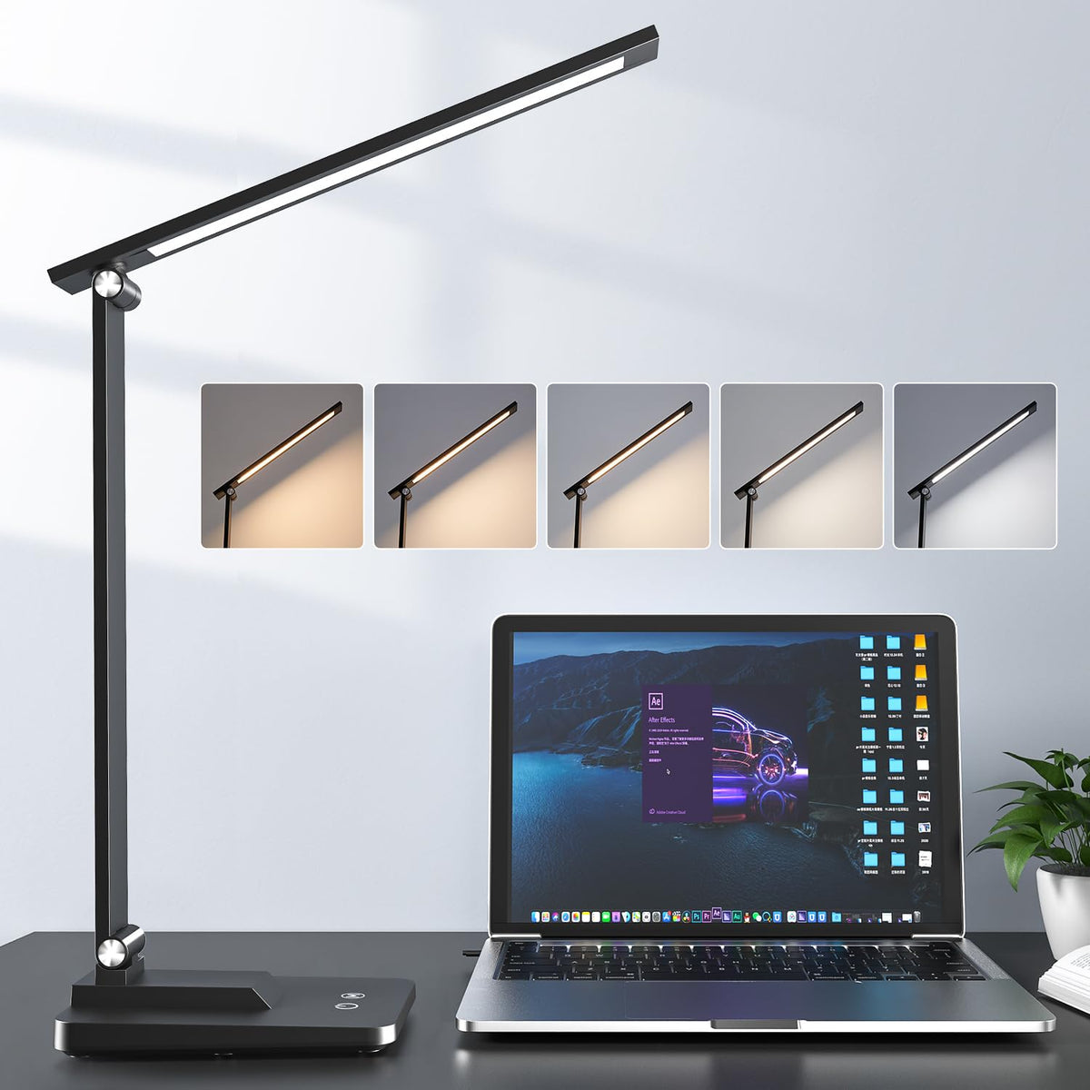 Mubarek 15 Modes Led Desk Lamp, 500 Lumen Dimmable, Adjustable & Foldable, Black Wood