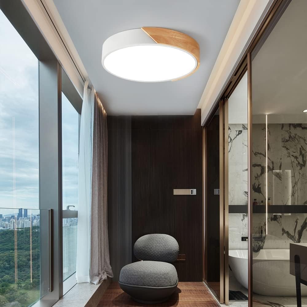 Wood Led Flush Mount Ceiling Light  3Cct 3000K-6500K Modern Round Close To Ceiling Lighting Fixtures 12 Inch Minimalist White Ceiling Lamp For Living Room  Bedroom  Laundry Room  Not Dimmable
