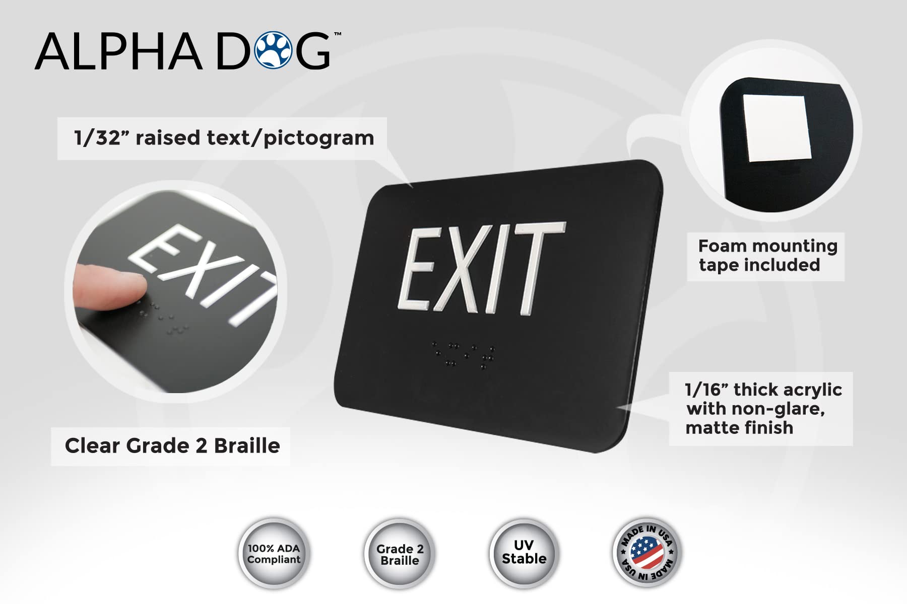 Alpha Dog Ada Signs Braille Exit Sign 3X5 Inch Ada Compliant Indoor Outdoor Business Easy Install Usa Made (Black)