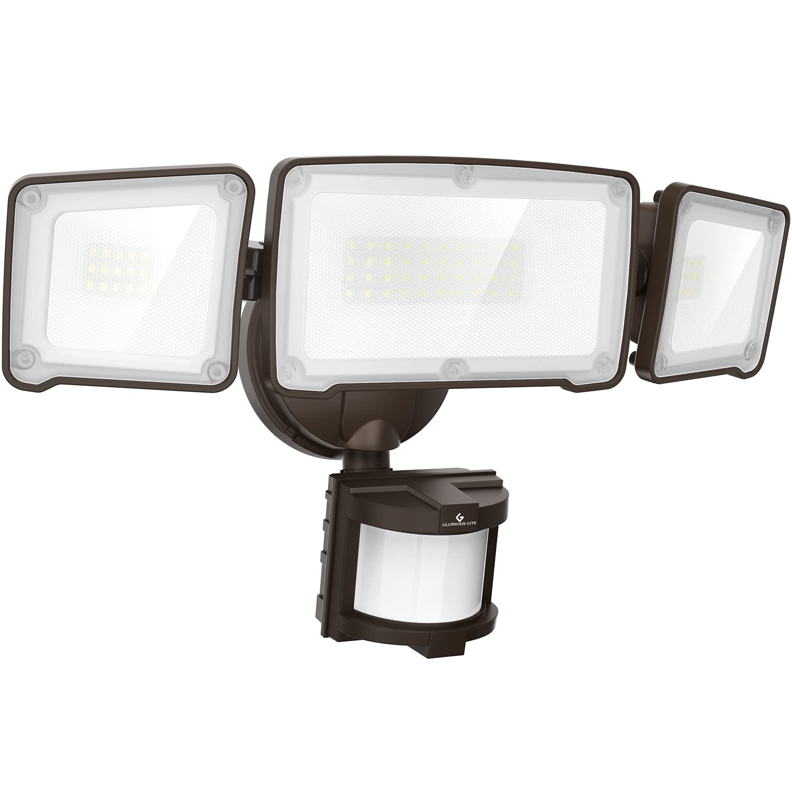 GLORIOUS-LITE LED Security Light, 35W 3500LM, Motion Sensor, 3 Adjustable Heads, IP65 Waterproof, Brown, Model YY02A-BR