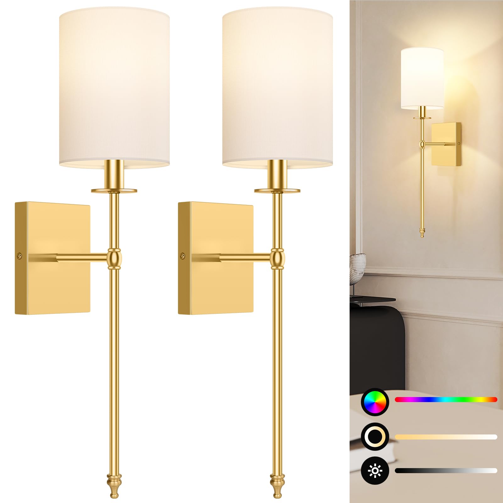 Bosceos Wall Sconces Set of 2, Rechargeable Wireless, Dimmable Gold Lamps with White Shade, 24.8 Inch, Model L2018-1BS