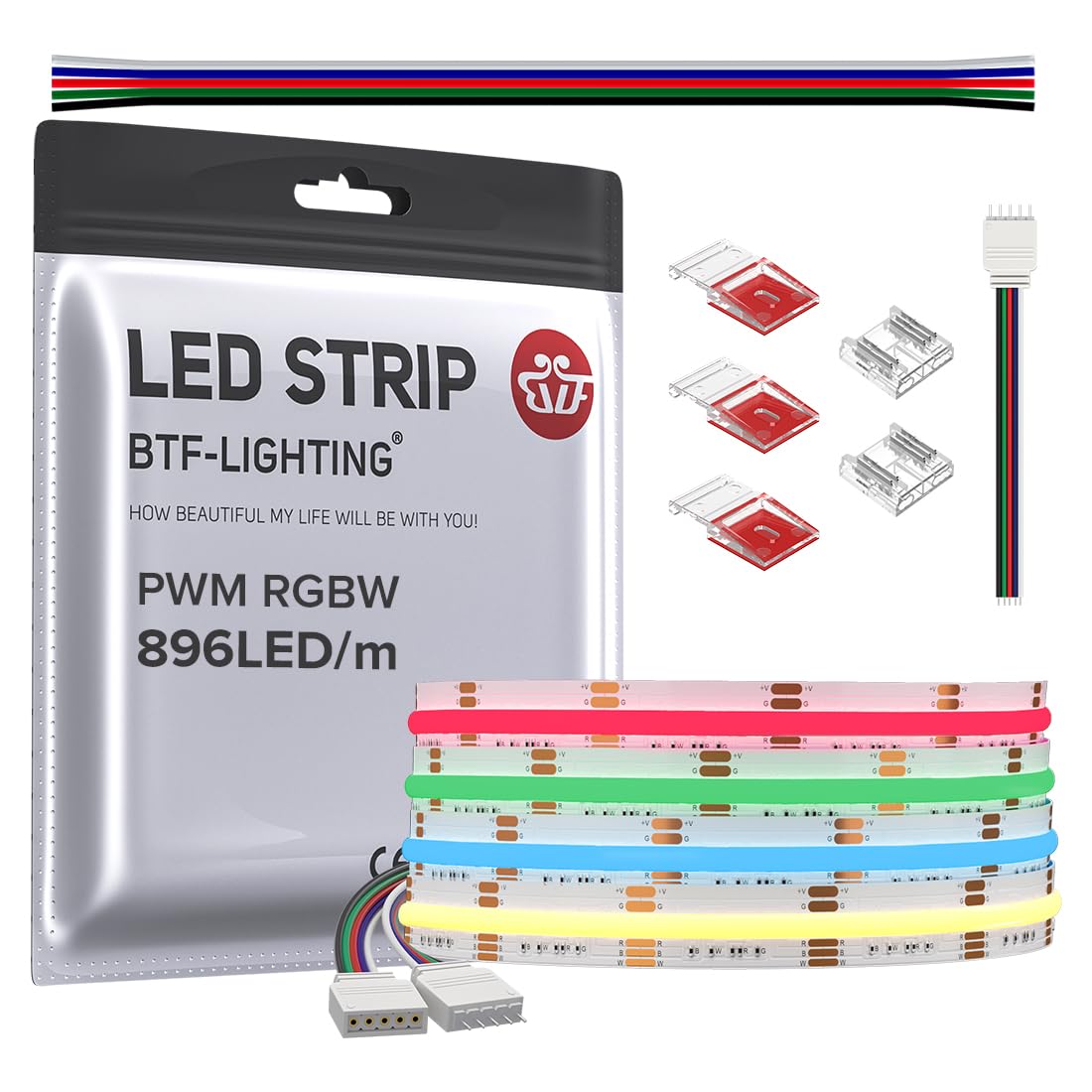 BTF-LIGHTING FCOB COB LED Strip RGBW 3000K 896LED/m 9.8FT DC24V Color Changing Flexible High Density Uniform Light 12mm Width fo