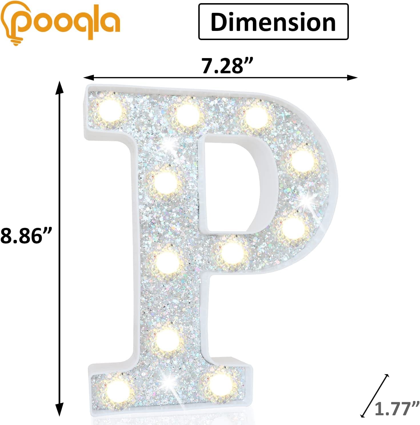 Pooqla Silver LED Marquee Letter Lights, Colorful Battery Operated Night Light, Model S-RGB, Letter P, 16 Colors for Parties and Decor