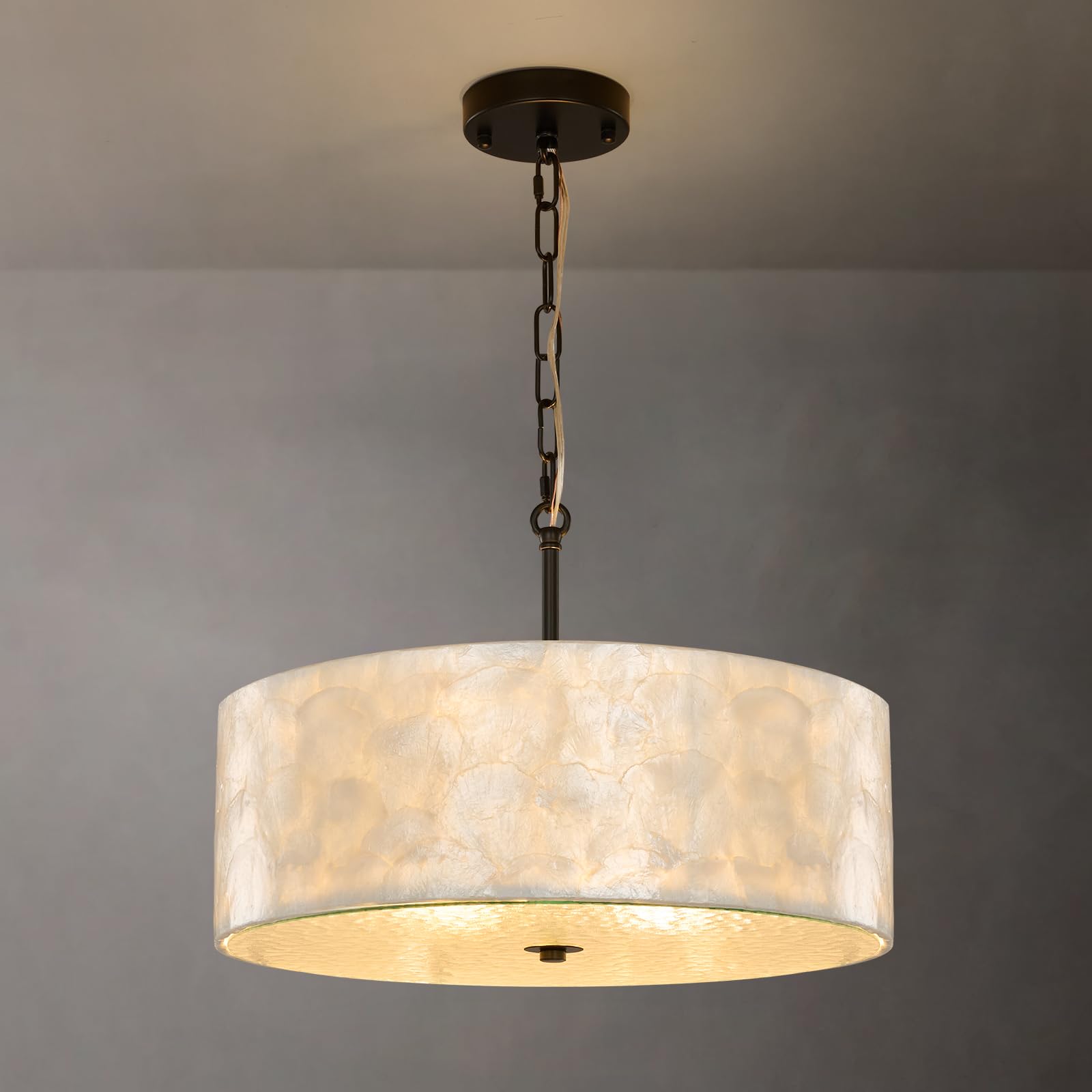 Coastal Drum Capiz Shell Chandelier: 18 Modern Round Seashell Shade with Hammered Glass Pendant Foyer Chandeliers for Entryway H