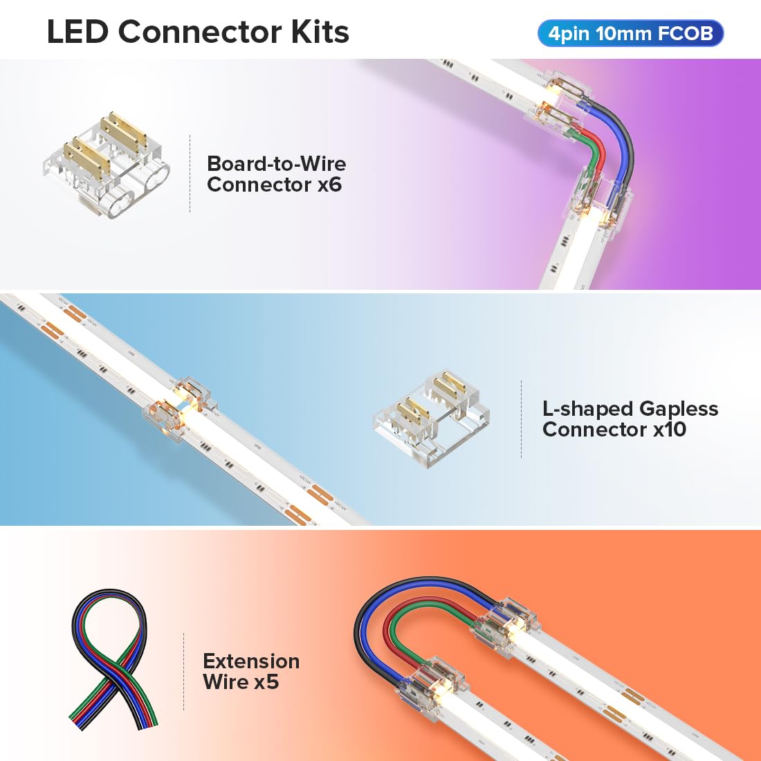 Fcob Cob 10Mm 4Pin Connector Kit 10Pcs Strip To Strip Connector 6 Pairs Of Wire To Strip Connectors 5Pcs 15Cm Long 22Awg Wires F