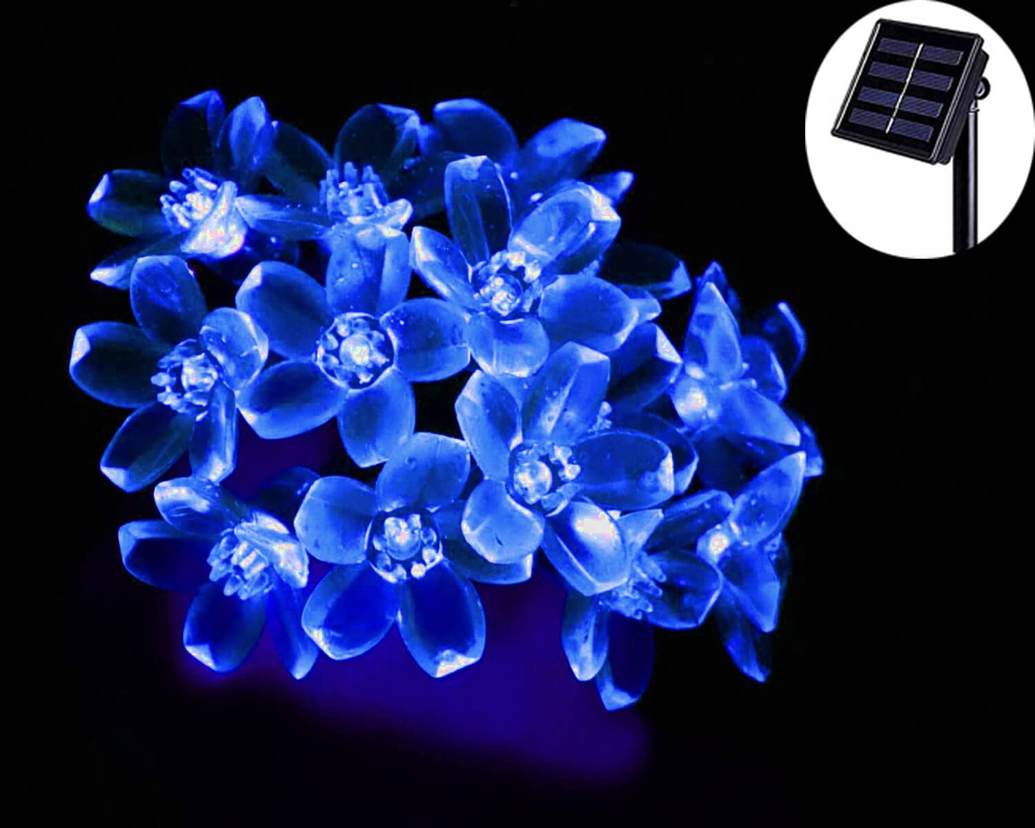 SEMILITS Solar Powered String Lights - 50 LED Flower Shaped Fairy Lights for Garden Decoration - Blue